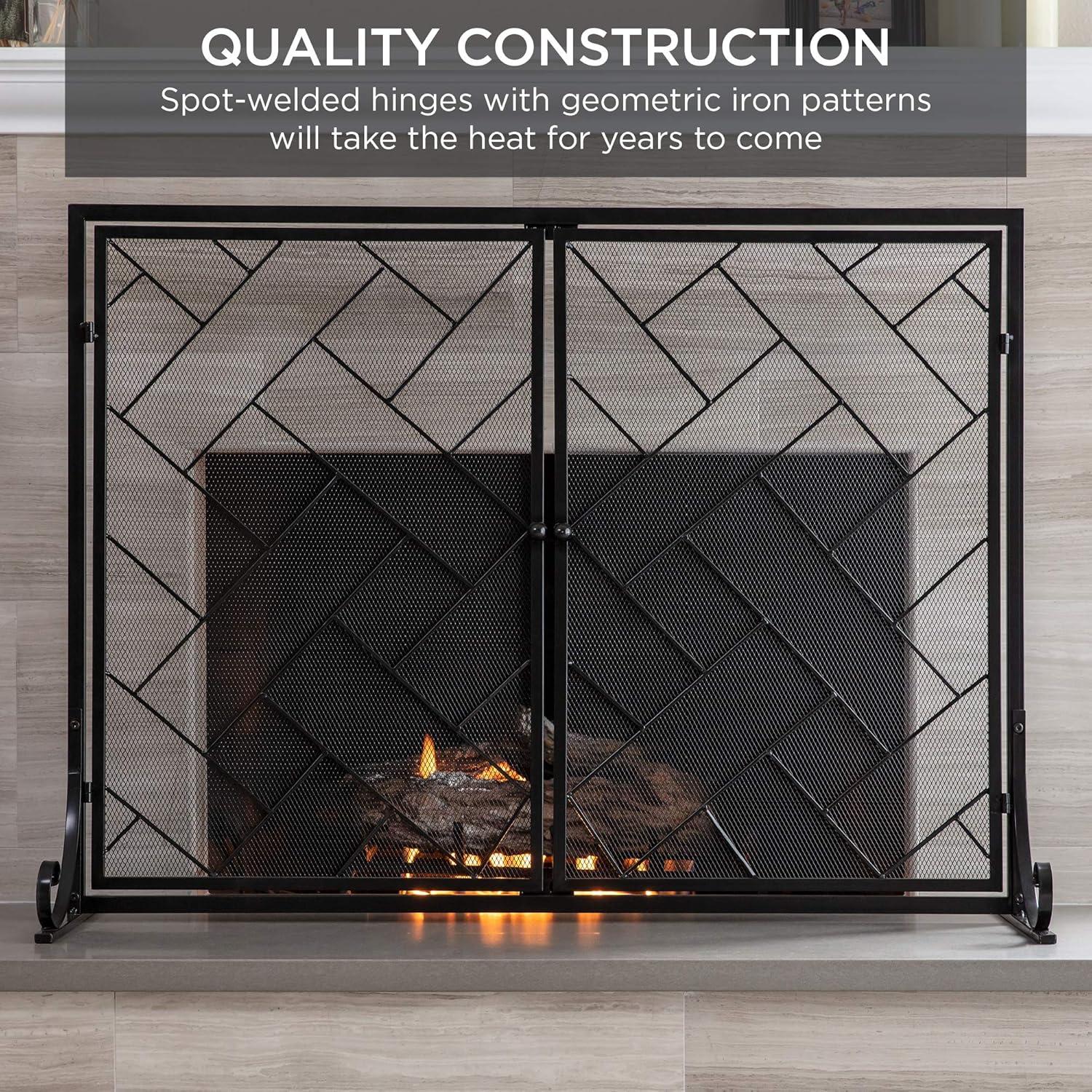 Best Choice Products 44x33in 2-Panel Handcrafted Wrought Iron Geometric Fireplace Screen w/ Magnetic Doors