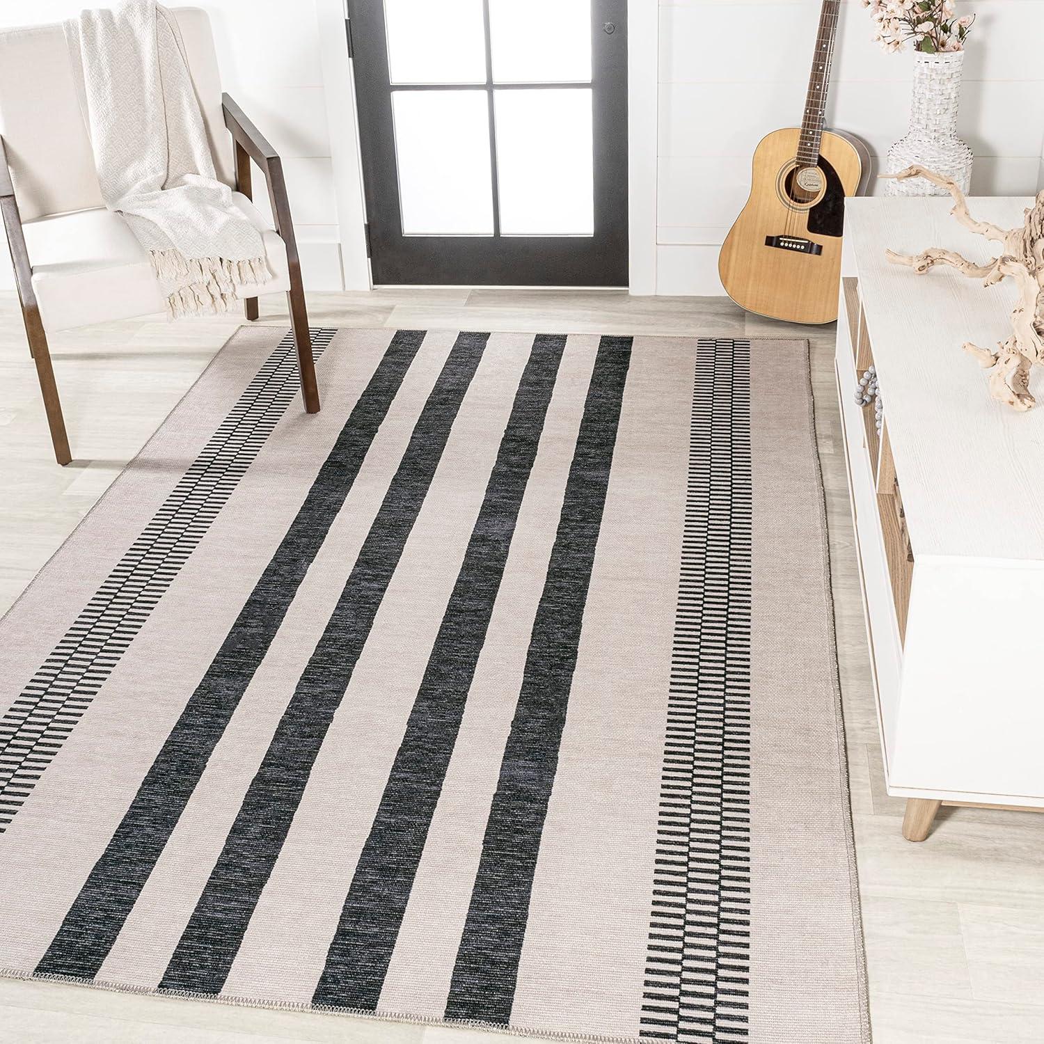 Cream and Black Striped Synthetic 3' x 5' Washable Area Rug