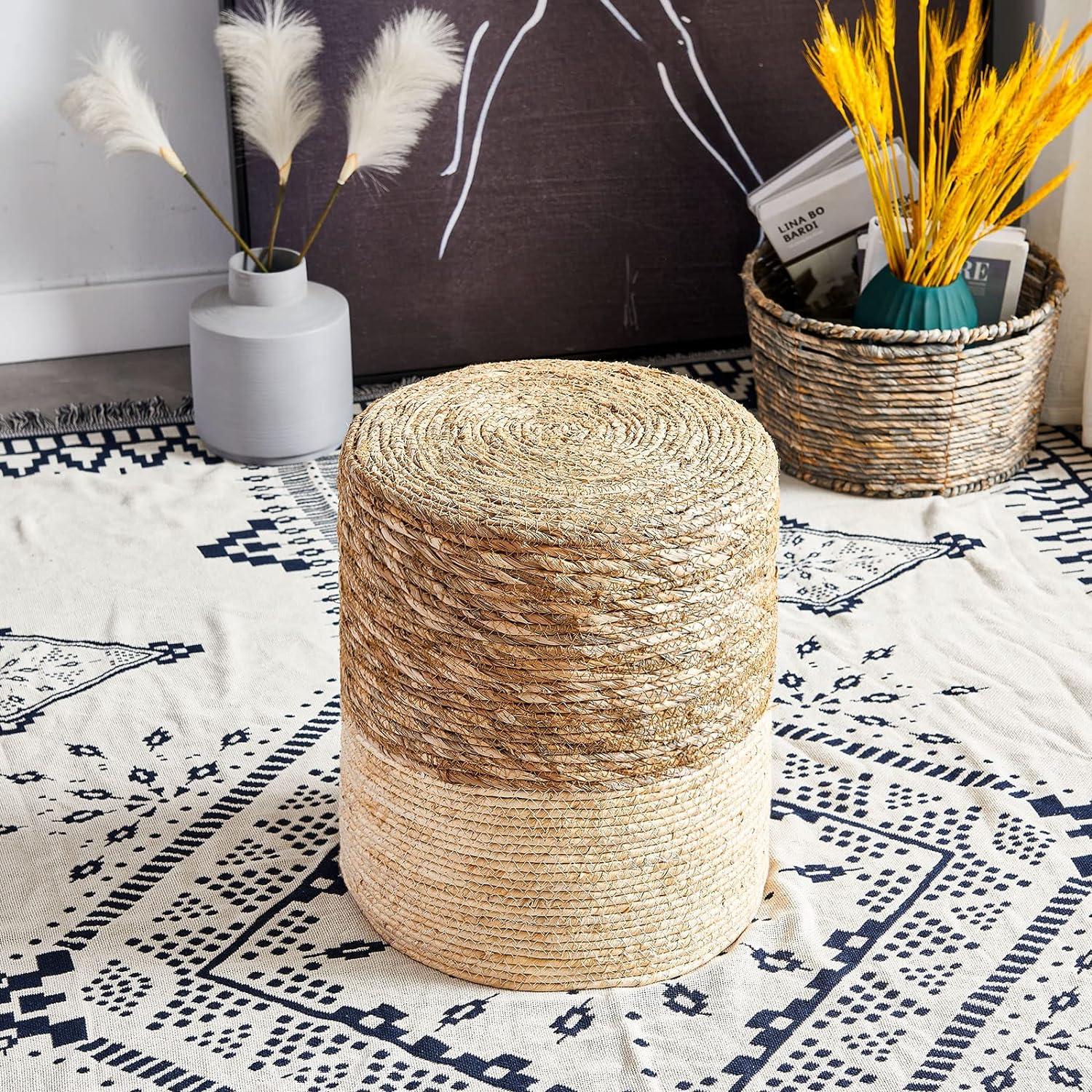 Mxfurhawa Seagrass Pouf Ottoman Round Accent Foot Rest Stool Outdoor, Natural & White