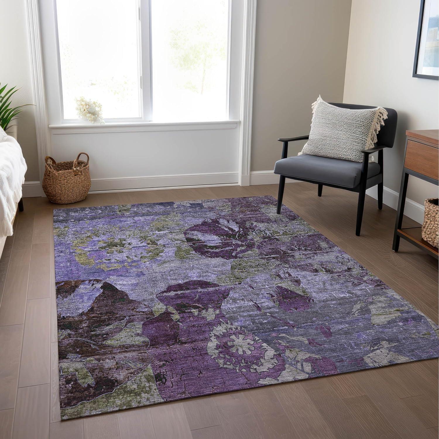 Purple Floral Pattern Washable Synthetic 10' x 14' Area Rug