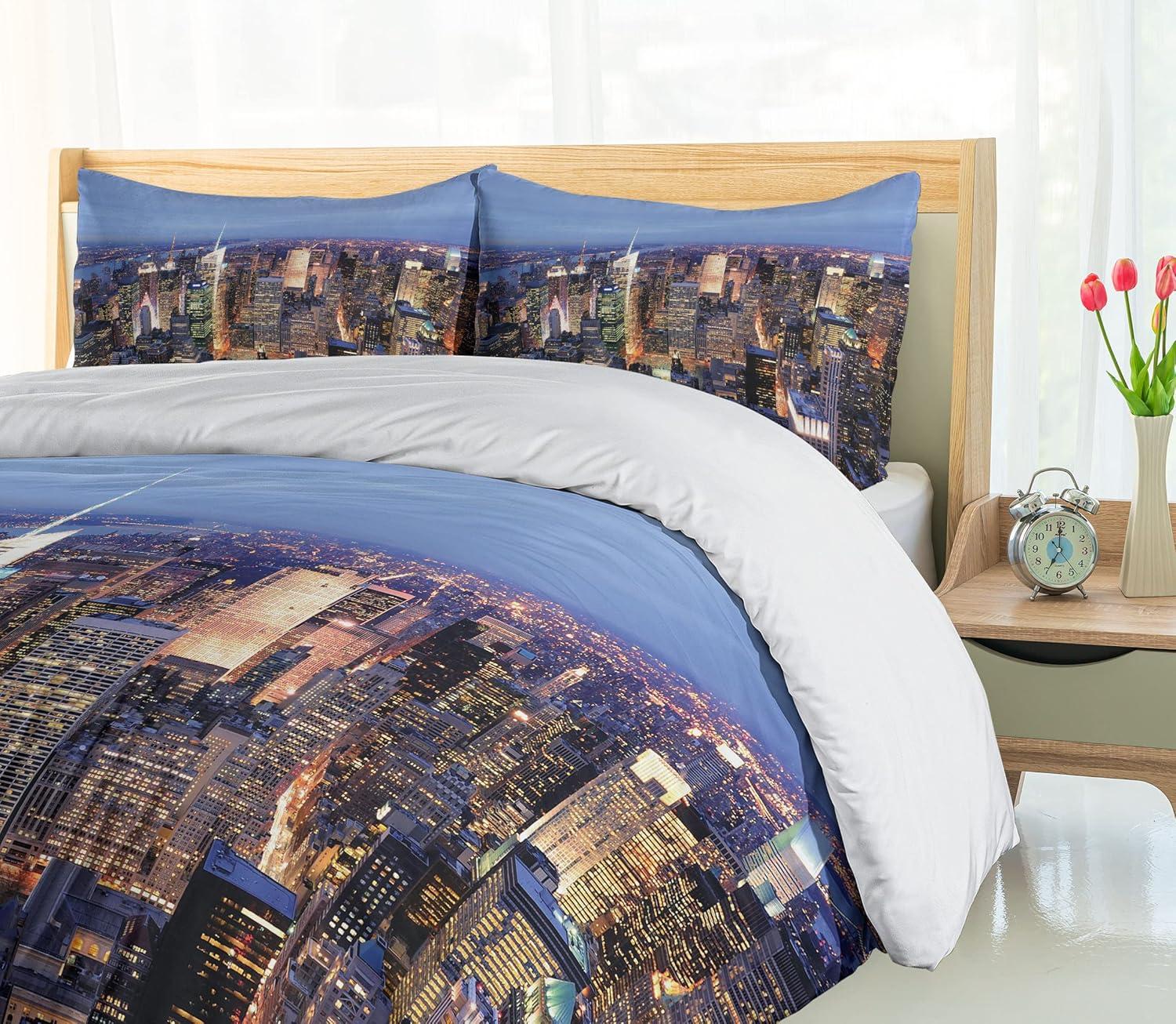 New York Queen Size Duvet Cover Set, Aerial View of NYC Full of Skyscrapers Manhattan Times Square Famous Cityscape Panorama, Decorative 3 Piece Bedding Set with 2 Pillow Shams, Blue, by Ambesonne