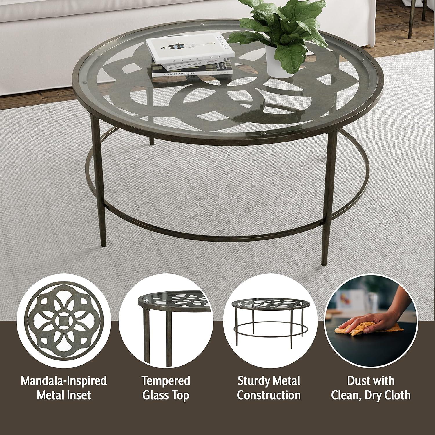 Marsala Traditional Round Metal Coffee Table with Glass Top