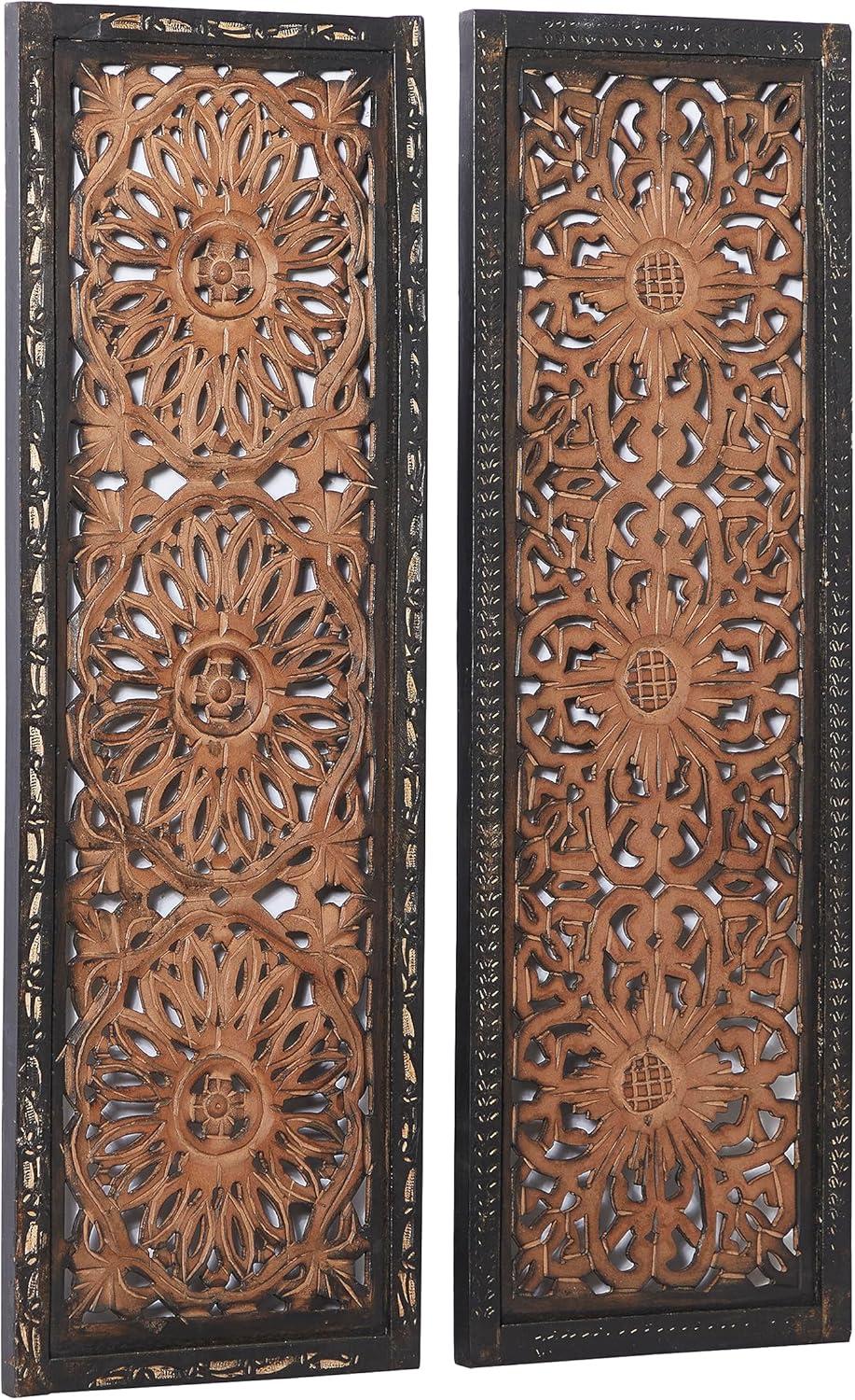 DecMode Brown Wood Handmade Intricately Carved Floral Wall Decor (2 Count)