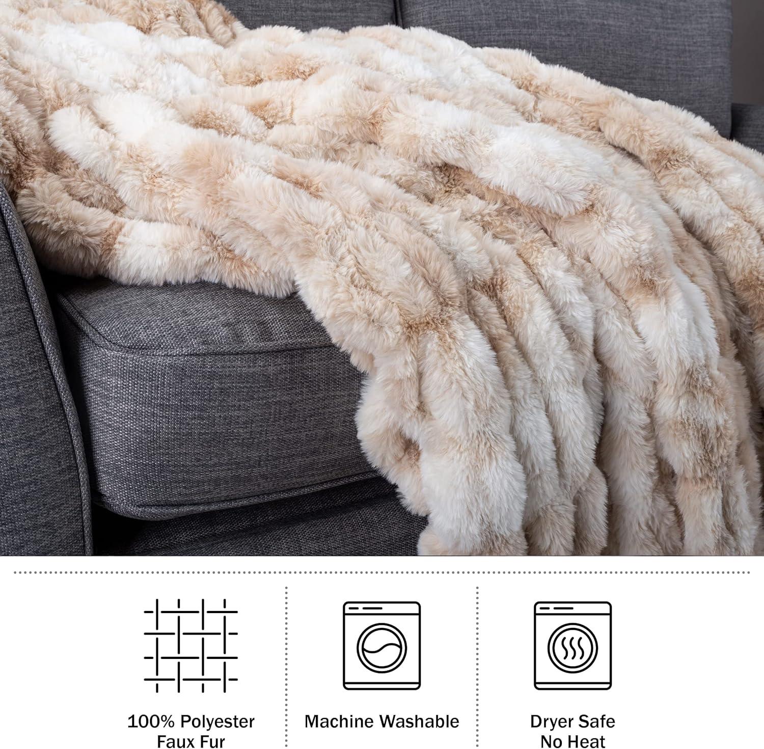 Oversized Ruched Faux Fur Blanket - 60x80-Inch Jacquard Faux Fur Queen-Size Throw for Sofas and Beds - Luxurious Bedding by Lavish Home