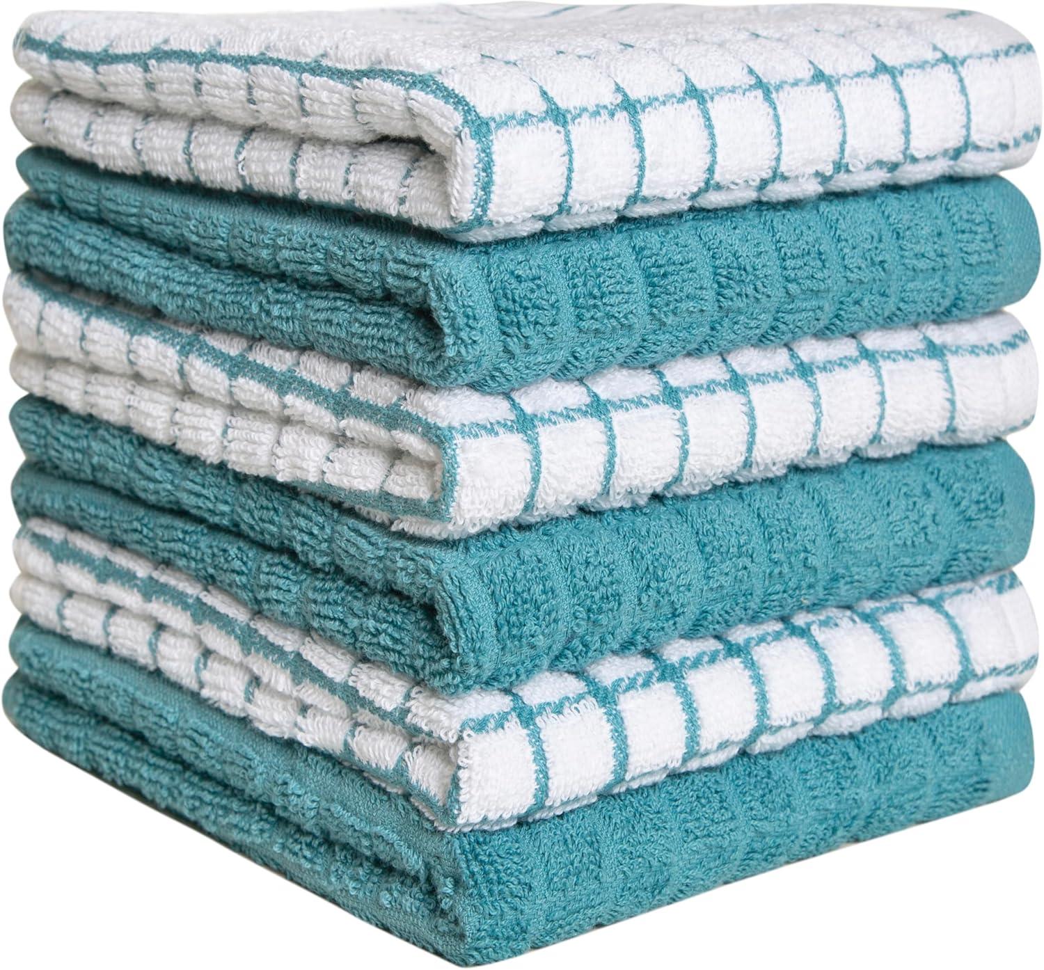 Premium Kitchen Towels (16”x 28”, 6 Pack) – Large Cotton Kitchen Hand Towels – Chef Weave Design – 380 GSM Highly Absorbent Tea Towels Set With Hanging Loop – Aqua