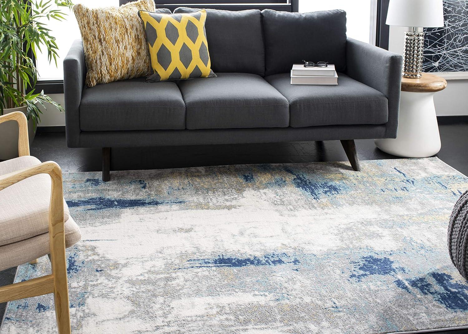 Modern Abstract Grey and Gold 3' Square Synthetic Rug