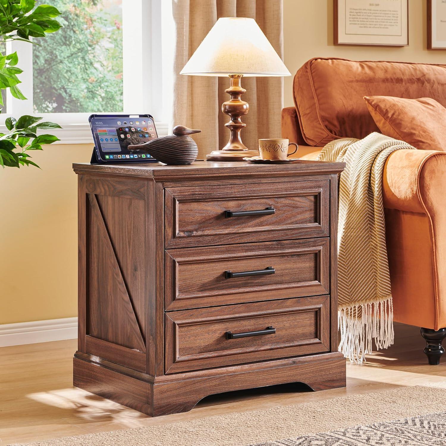 Brown Rustic Wood 3-Drawer Nightstand with Charging Station