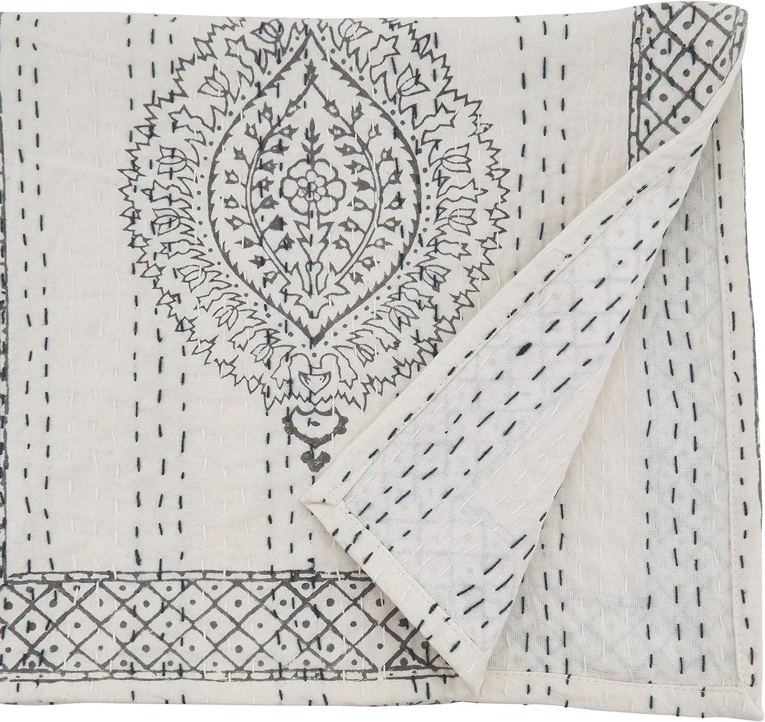 SARO 3239.GY1472B 14 x 72 in. Oblong Taj Kantha Stitch Table Runner with Block Print  Grey