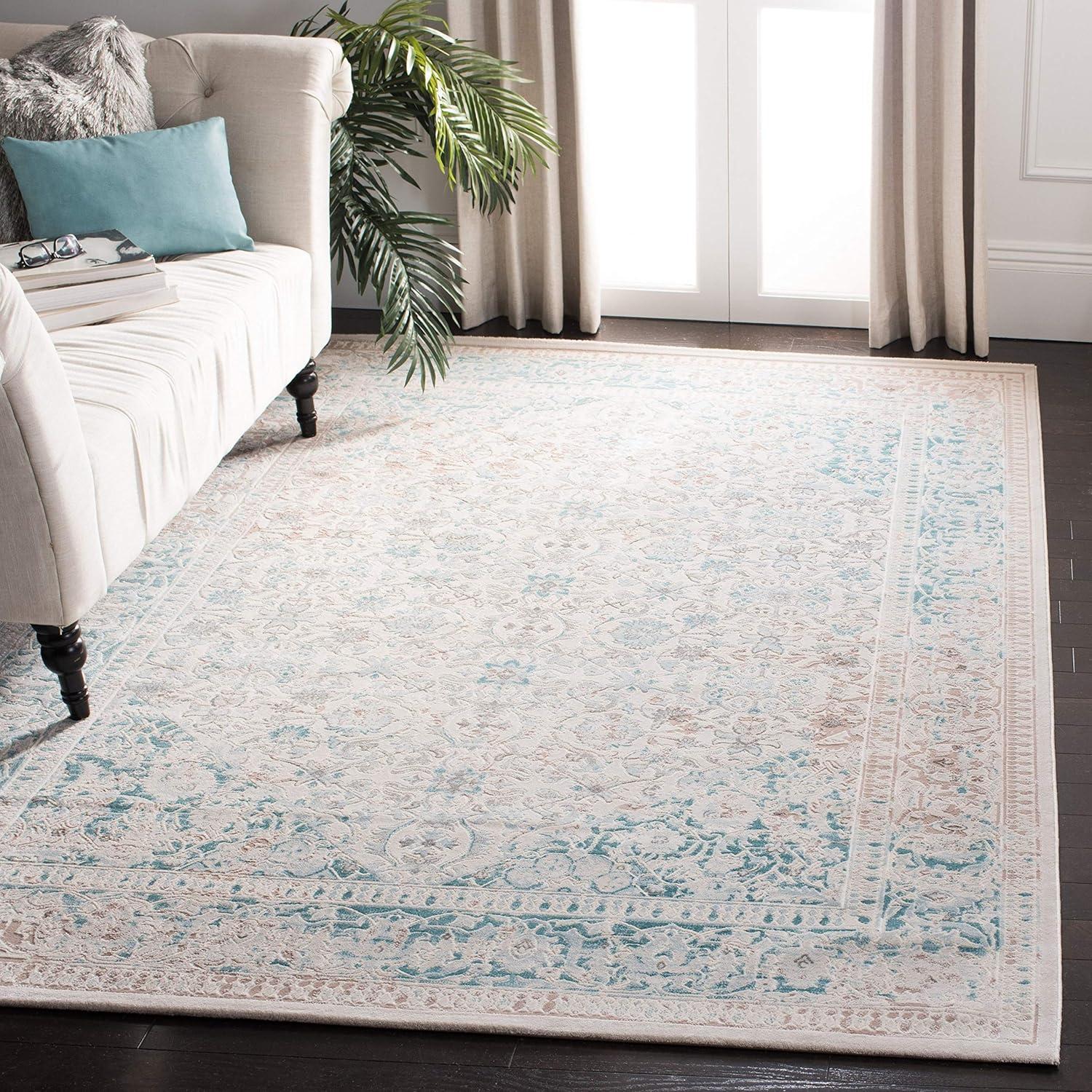 Ivory and Turquoise 9' x 12' Vintage Distressed Area Rug