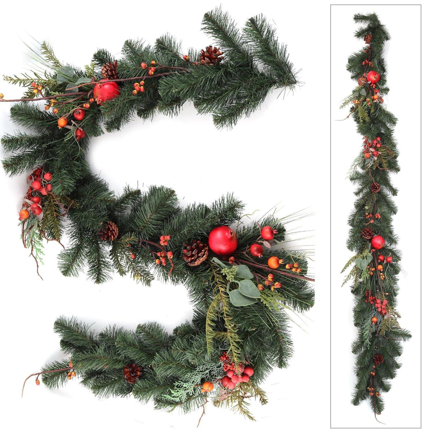Holiday Pine with Cones, Berries, and Fruit - 6 Feet Long for Mantle, Front Door, Railings