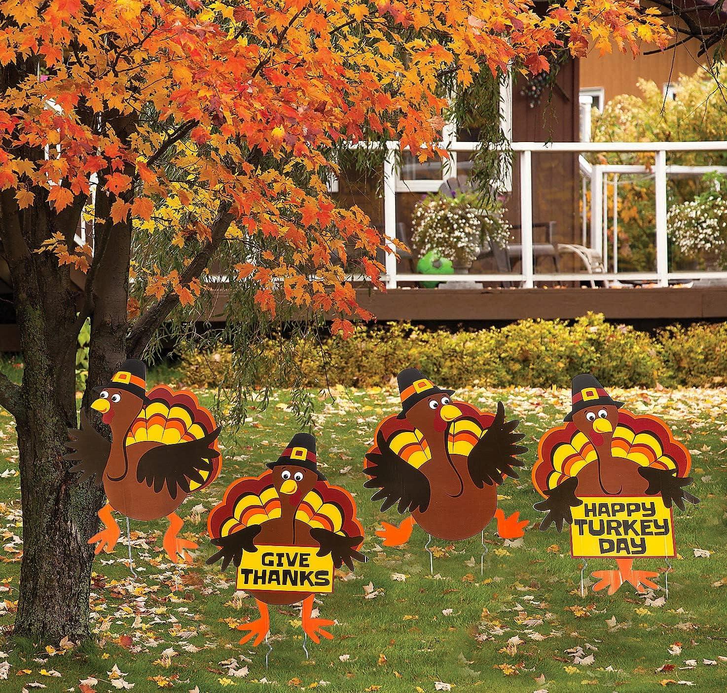 Tumbling Thanksgiving Turkeys Yard Sign Set with Pilgrim Hats