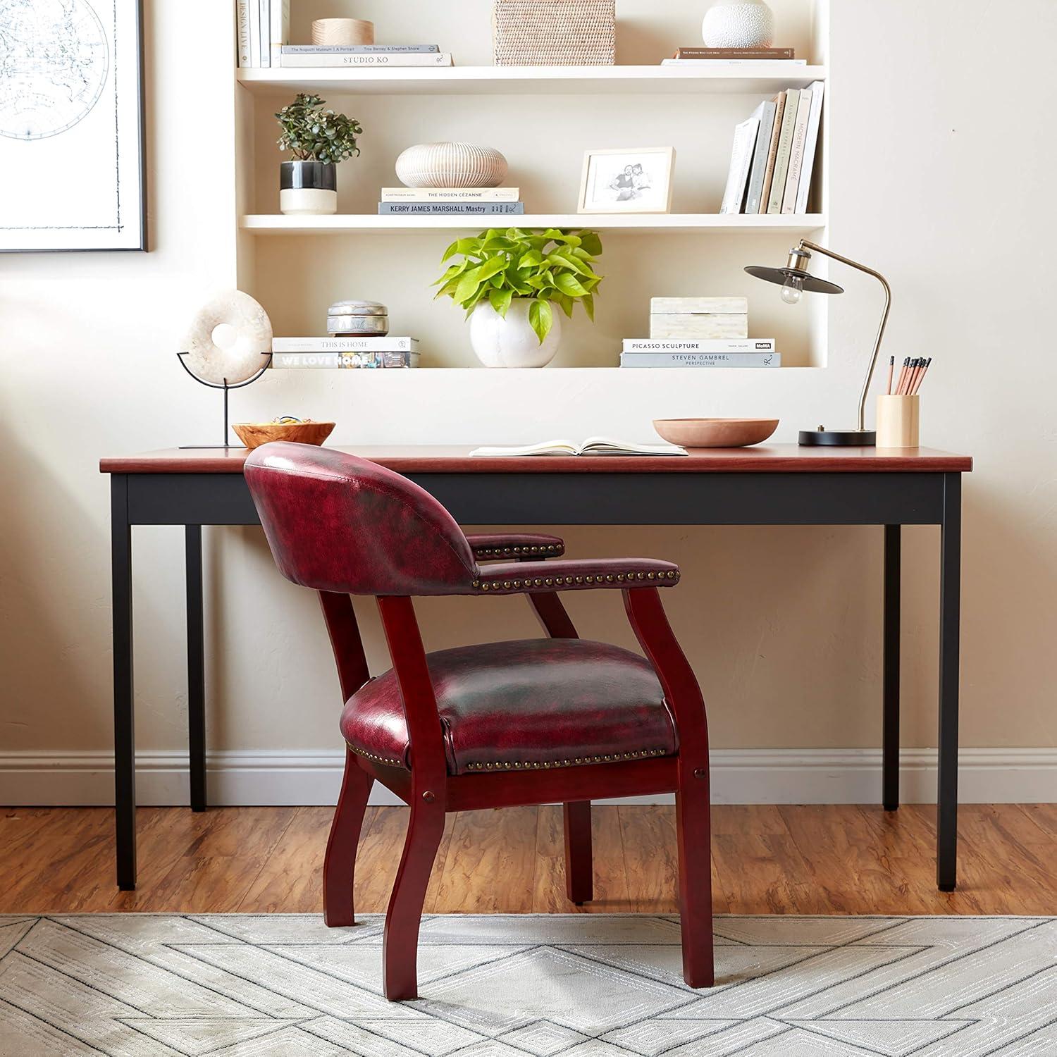 Elegant Mahogany Wood Finish Captain's Chair in Black Vinyl