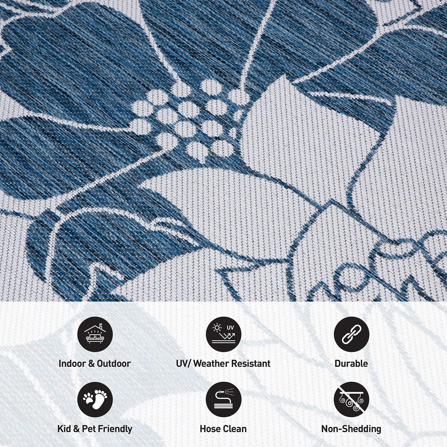 World Rug Gallery Modern Floral Flowers Textured Flat Weave Indoor/Outdoor Area Rug - NAVY 5' X 7'