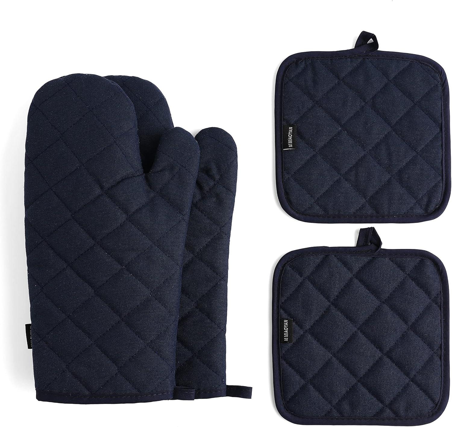 Deep Blue Quilted Cotton Oven Mitts and Pot Holders Set