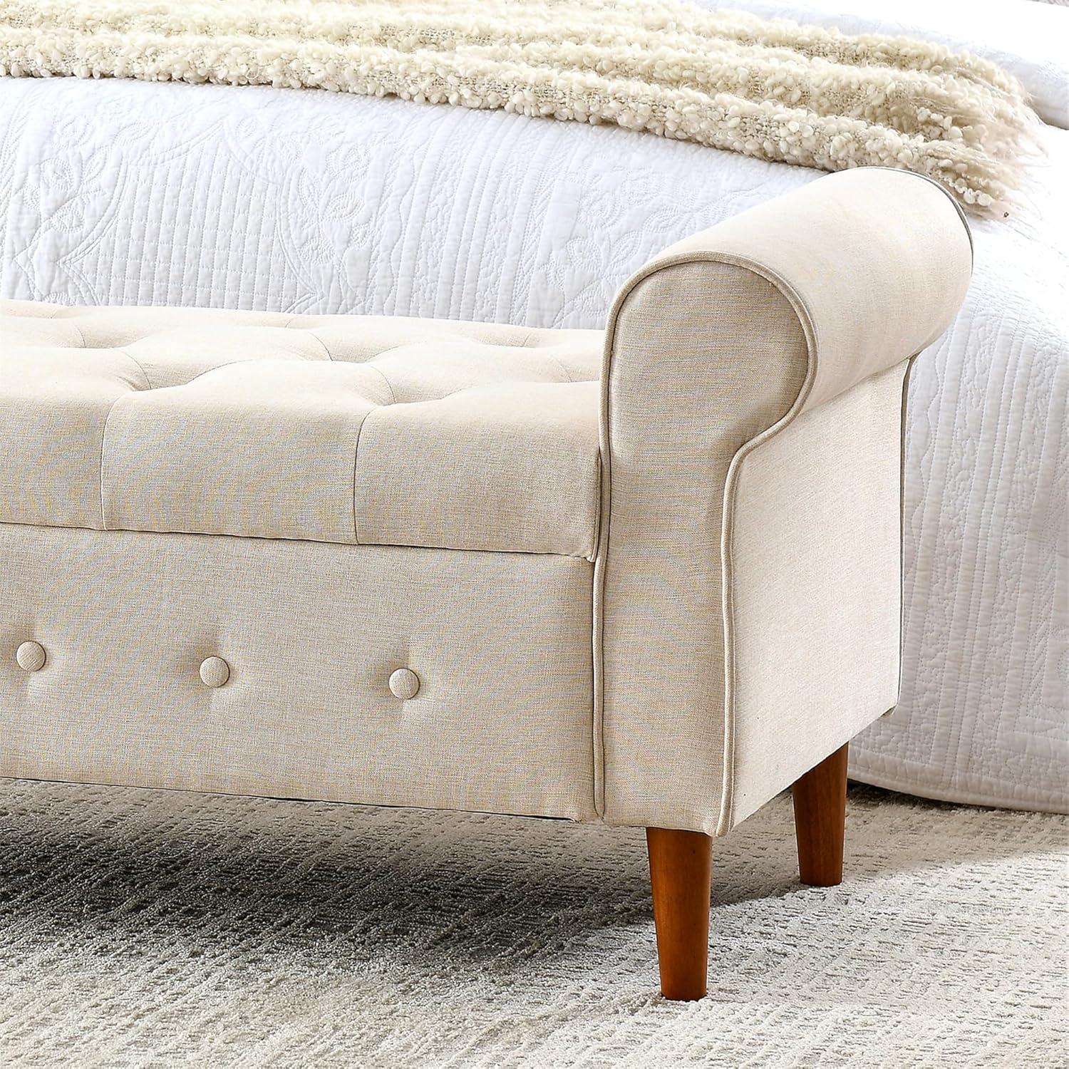 62"" Bedroom Tufted Button Storage Bench, Long Linen Upholstered Storage Ottoman Bench with Rolled Armrest, End of Bed Bench, Window Bench for Bedroom, Living Room, Entryway (Beige), 1