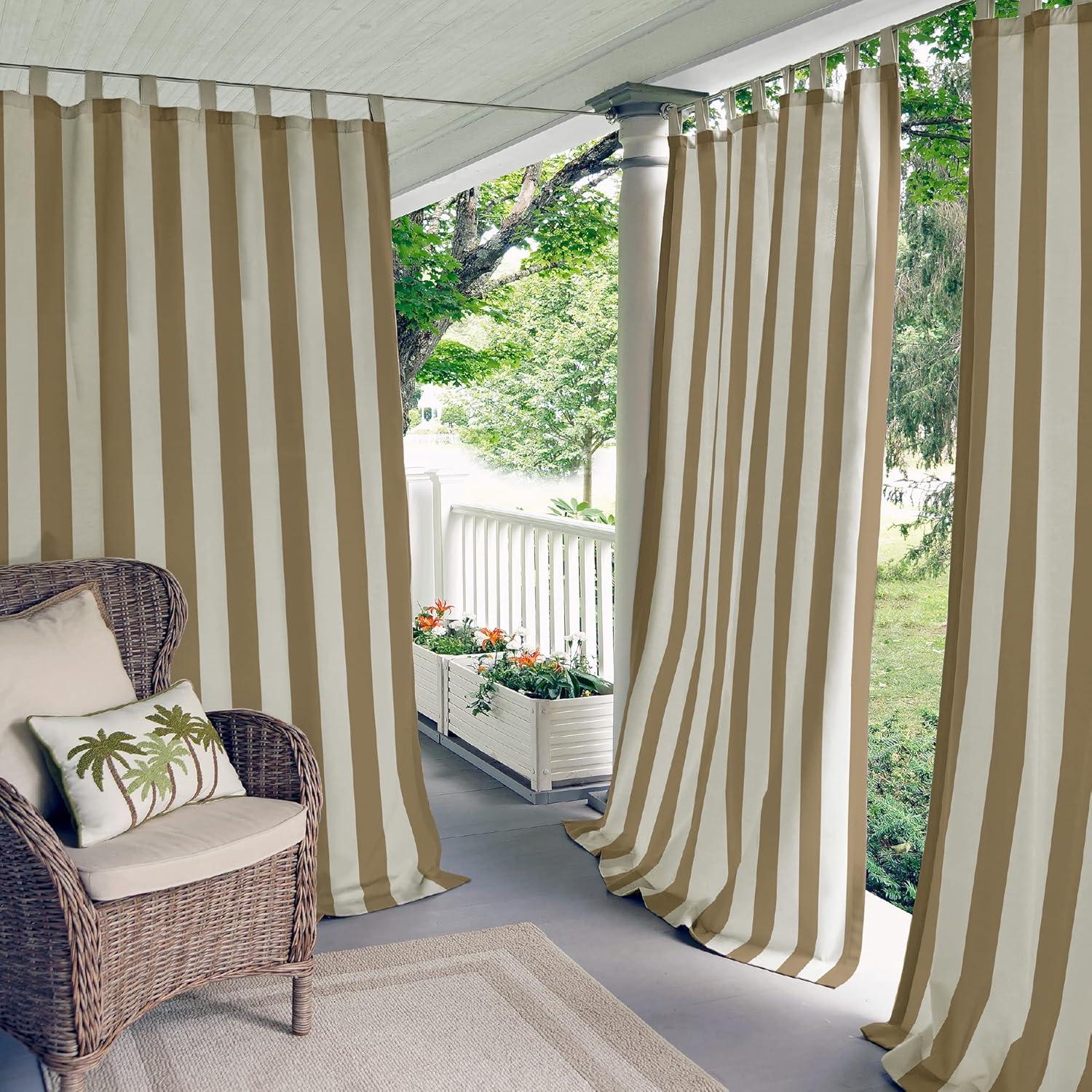 Natural Stripe Polyester Tab Top Indoor/Outdoor Curtain Panel