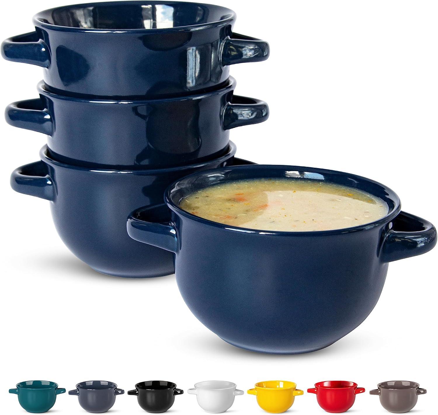 Blue Ceramic Soup Crocks with Handles, Set of 4, 18 oz