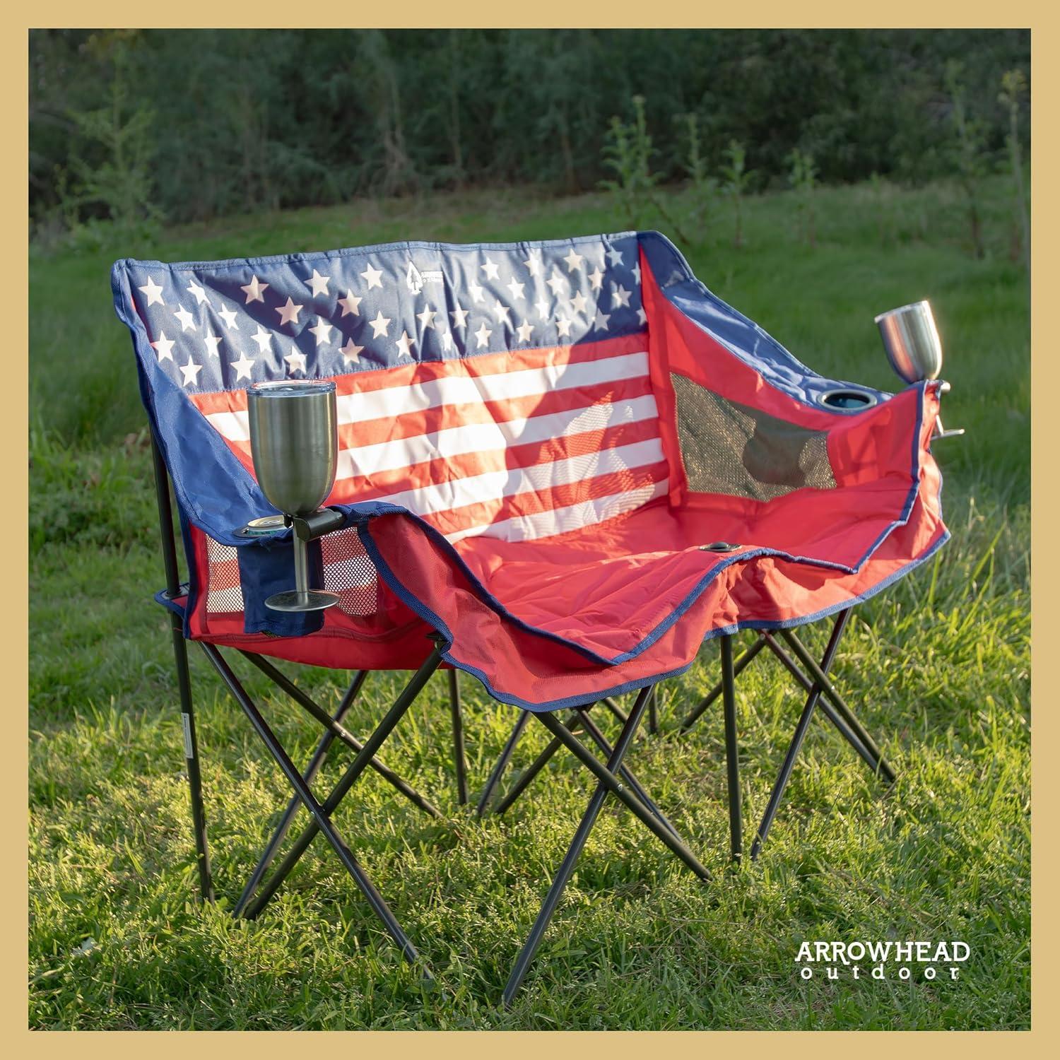 Arrowhead Outdoor Portable Folding Double Duo Camping Chair Loveseat Couch w/ 2 Cup & Wine Glass Holder, Supports up to 500lbs (American Flag)