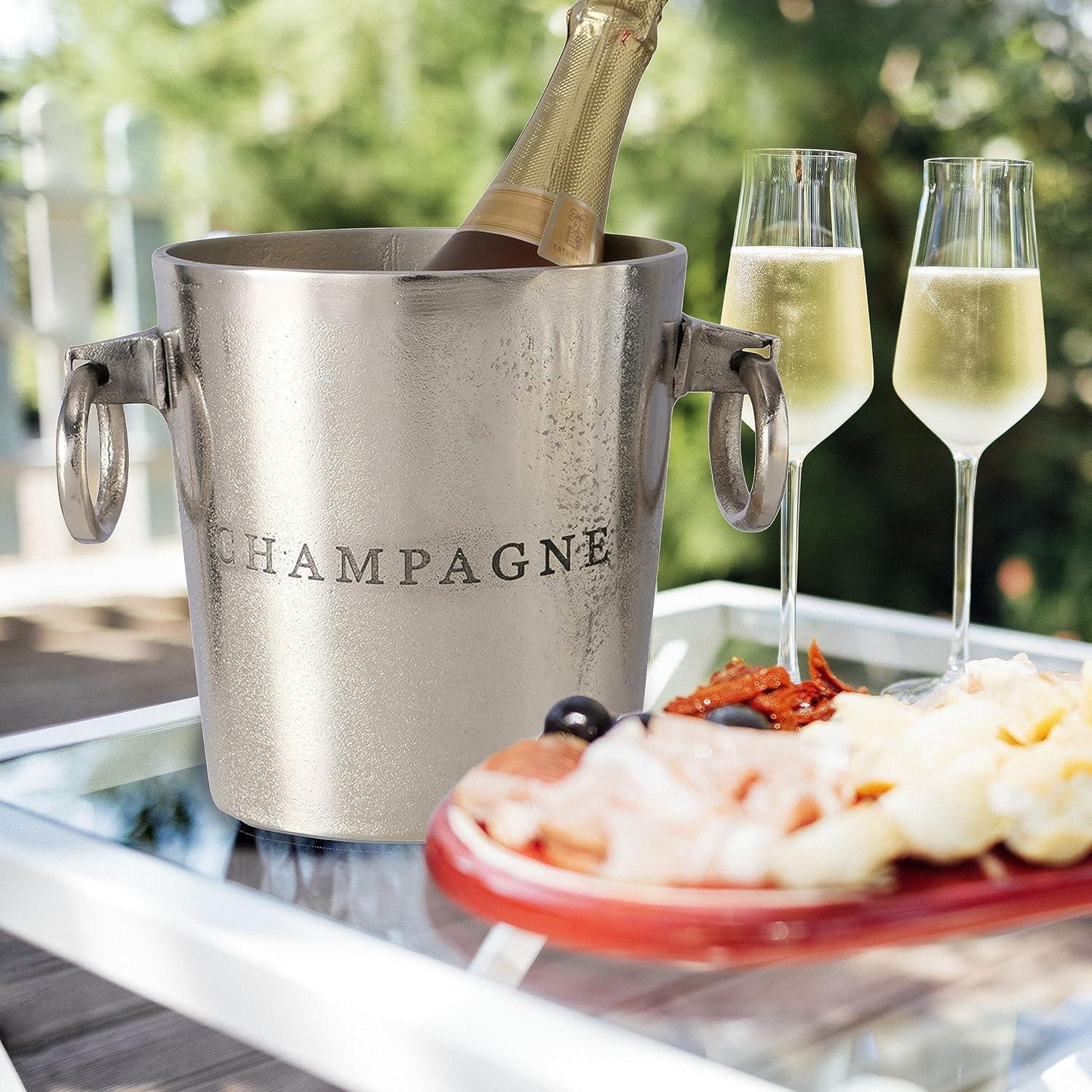 Luxury Champagne Ice Bucket, Elegant Script Text Details, Hand Cast, Silver Aluminum, 18.5 inches