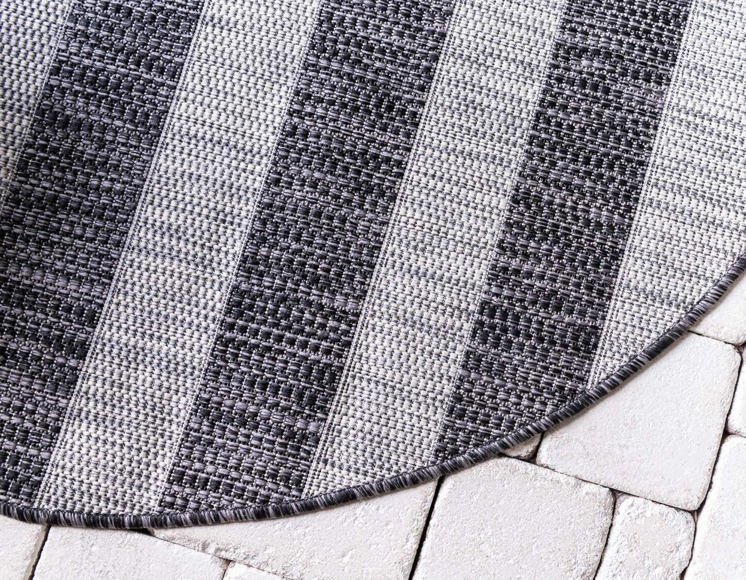 Round Gray and Black Striped Outdoor Rug