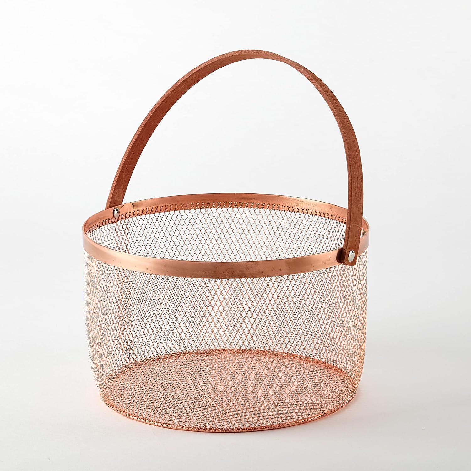 Rose Gold Round Wire Storage Basket with Metal Handle