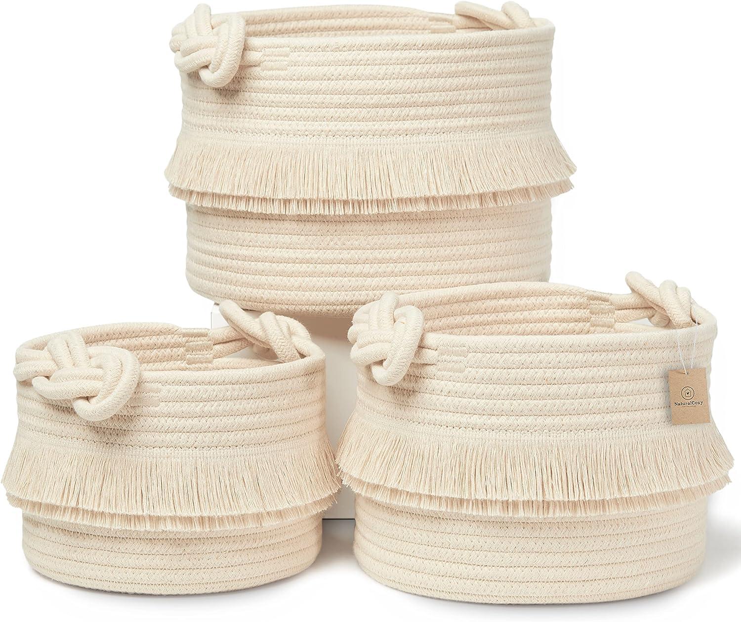 NaturalCozy 3-Piece Boho Decor Storage Basket Set – Cotton Rope Woven Baskets for Organizing! Small Baby Stuff, Shower, Gift Basket, Nursery Planter, Toy Shelves