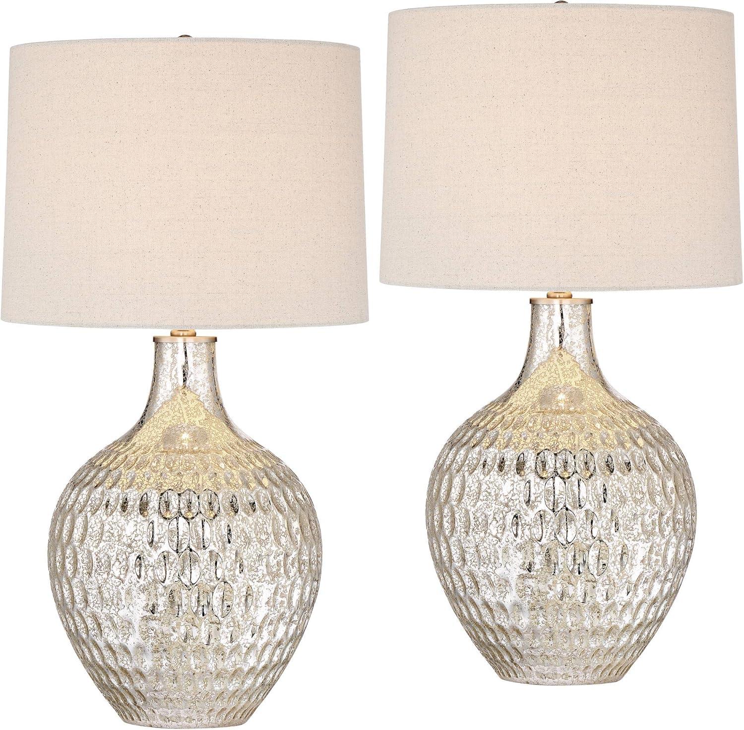 360 Lighting Waylon 28" Tall Modern Luxe Coastal End Table Lamps Set of 2 Silver Mercury Glass Off-White Shade Living Room Bedroom Bedside Nightstand