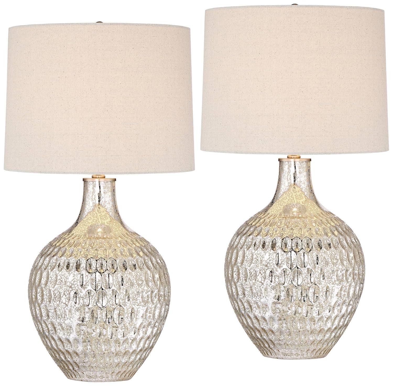 360 Lighting Waylon 28" Tall Modern Luxe Coastal End Table Lamps Set of 2 Silver Mercury Glass Off-White Shade Living Room Bedroom Bedside Nightstand