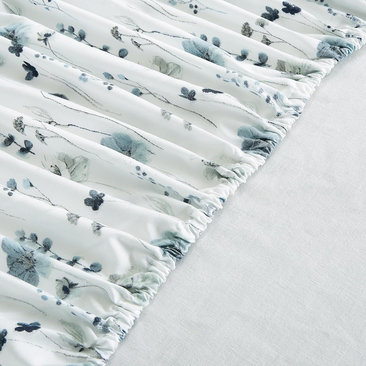 White Floral Microfiber Queen Bed Sheet Set with Deep Pockets