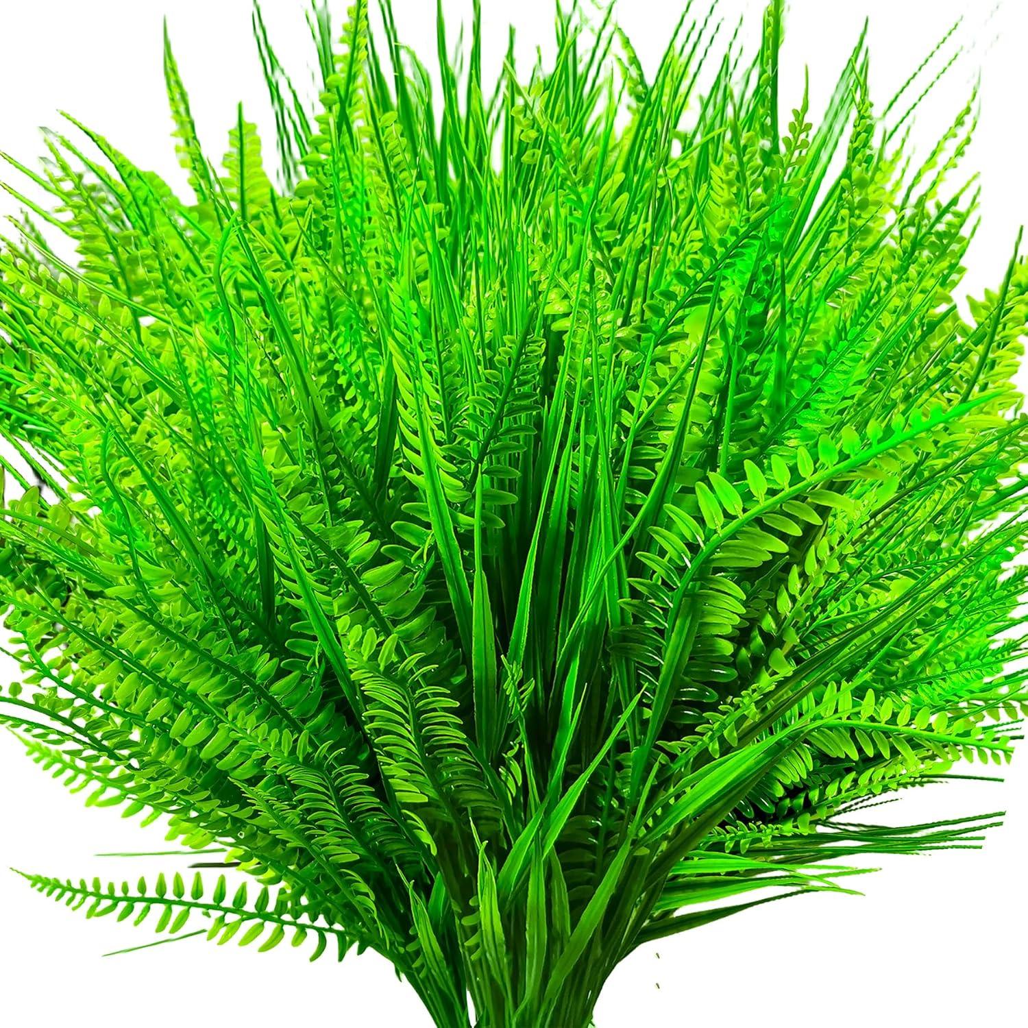 12 Bundles Artificial Ferns for Outdoors Fake Boston Fern Large Greenery Plants UV Resistant Faux Plastic Plants Shrubs for Garden Front Porch Window Box Indoor Outdoor Decoration