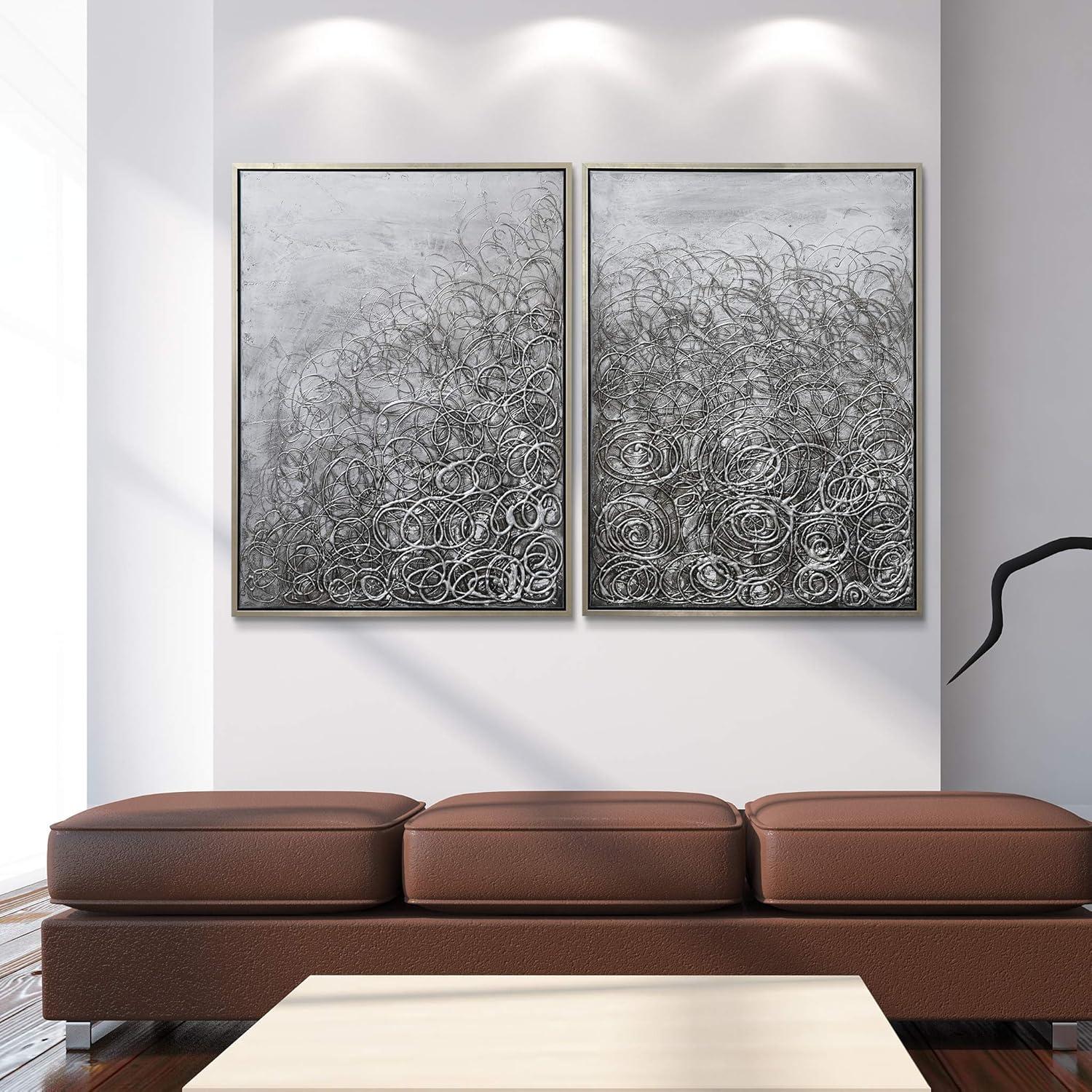 Silver Abstract Circular Logic Hand Painted Canvas Diptych