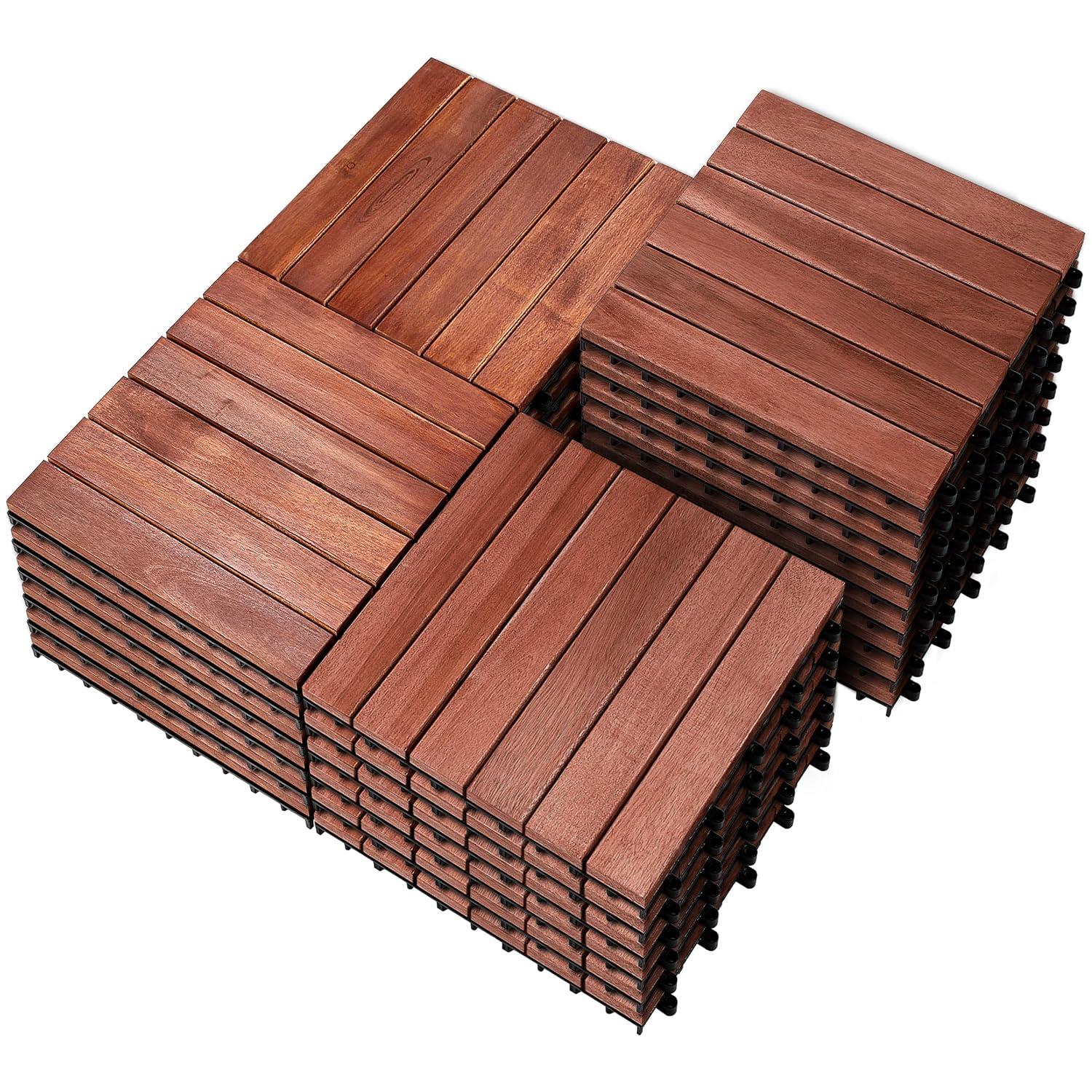 PrimeZone 27 PCS Solid Acacia Wood Interlocking Patio Deck Tiles - 12" x 12" Indoor Outdoor Waterproof Flooring Tiles for Balcony, Backyard, Garden & Poolside, All Weather Use, Brown