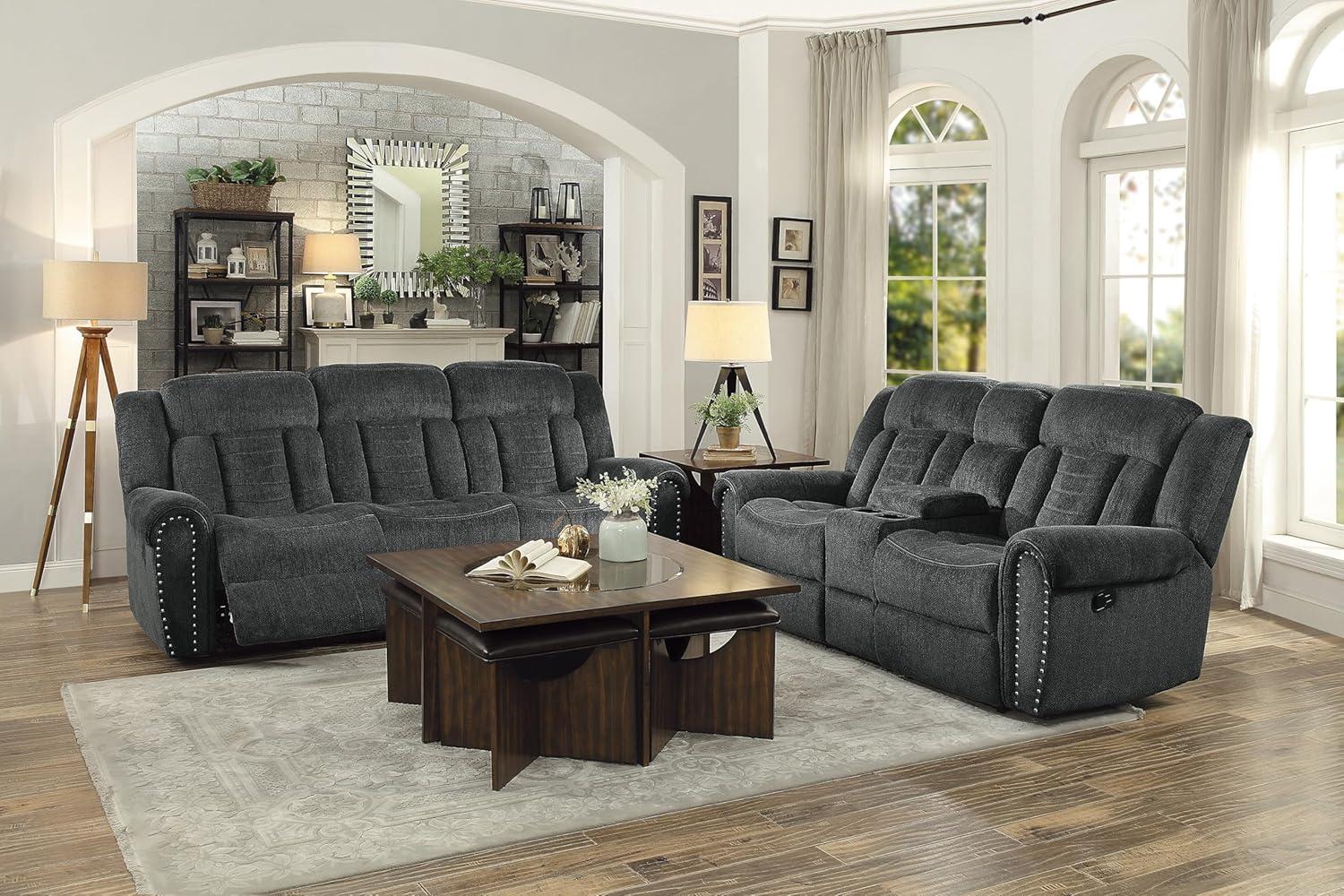 Transitional Charcoal Gray Fabric Reclining Sofa with Nailhead Accents