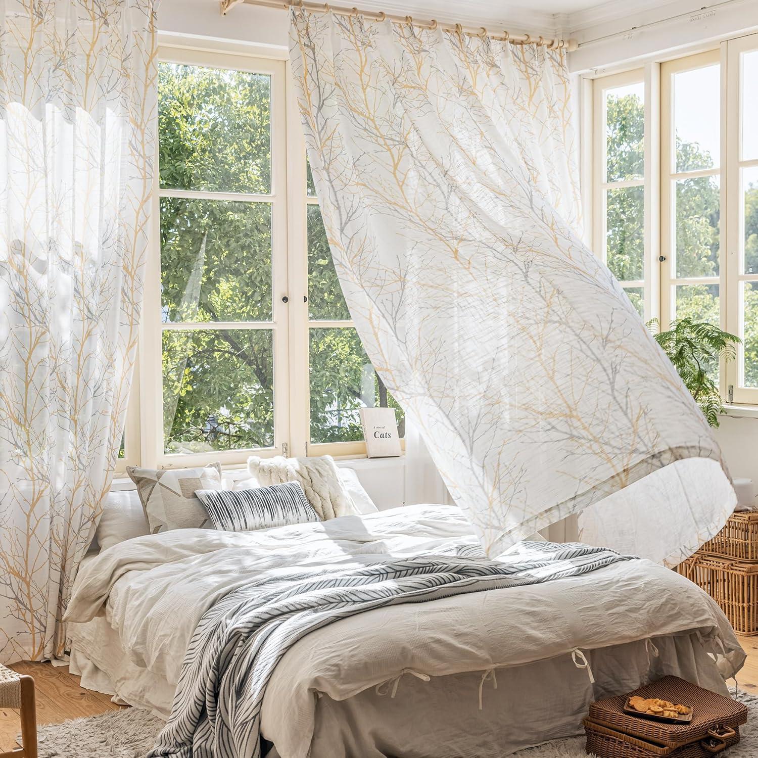 FMFUNCTEX Linen Semi Sheer Curtains for Bedroom, Yellow White Curtains 63 Inches Long for Living Room, Grey Tree Branch Print Curtain Light Filtering Farmhouse Window Drapes, Grommet Top 2 Panels