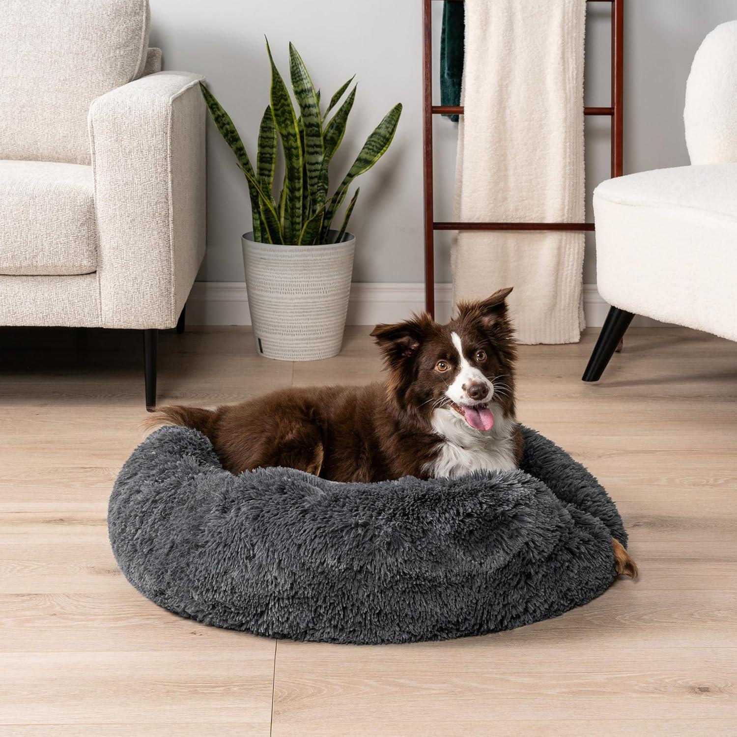 PetAmi Calming Dog Bed for Puppy Cat Kitten, Round Washable Pet Bed, Anti Anxiety Cuddler, Fluffy Plush Circular Donut Bed (Gray, Medium - 30")