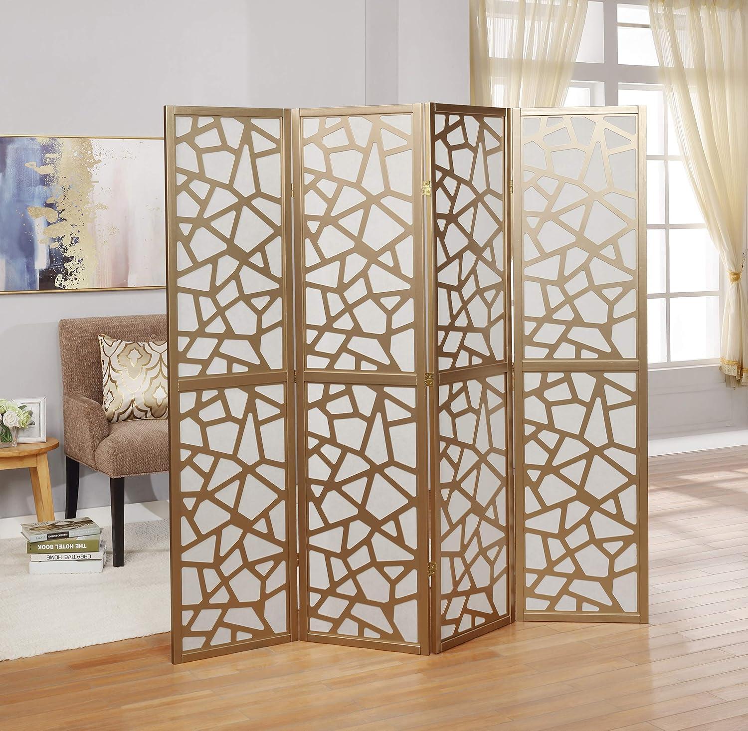 Gold and White Mosaic 4-Panel Folding Room Divider