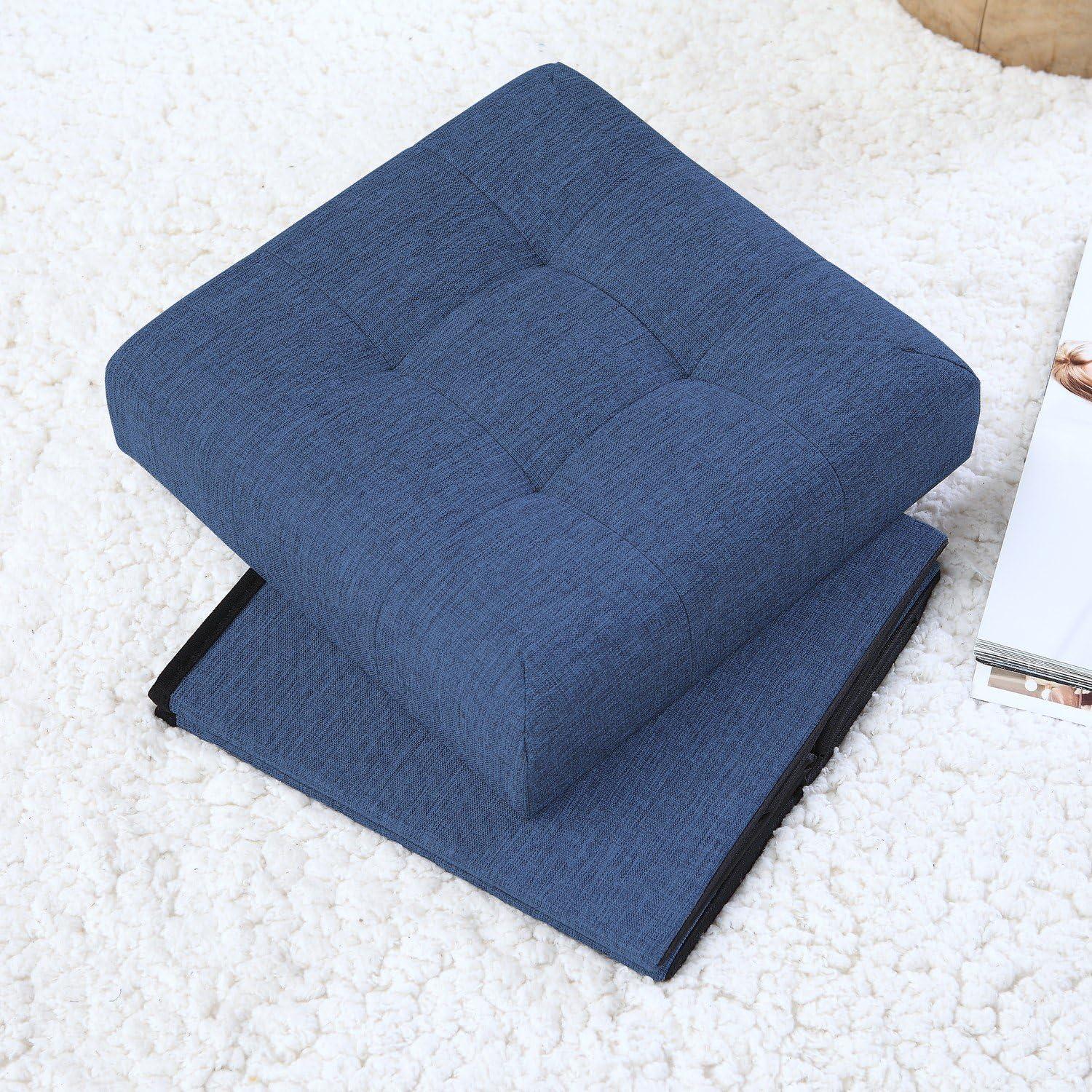 Contemporary Navy Blue Tufted Linen Foldable Storage Ottoman