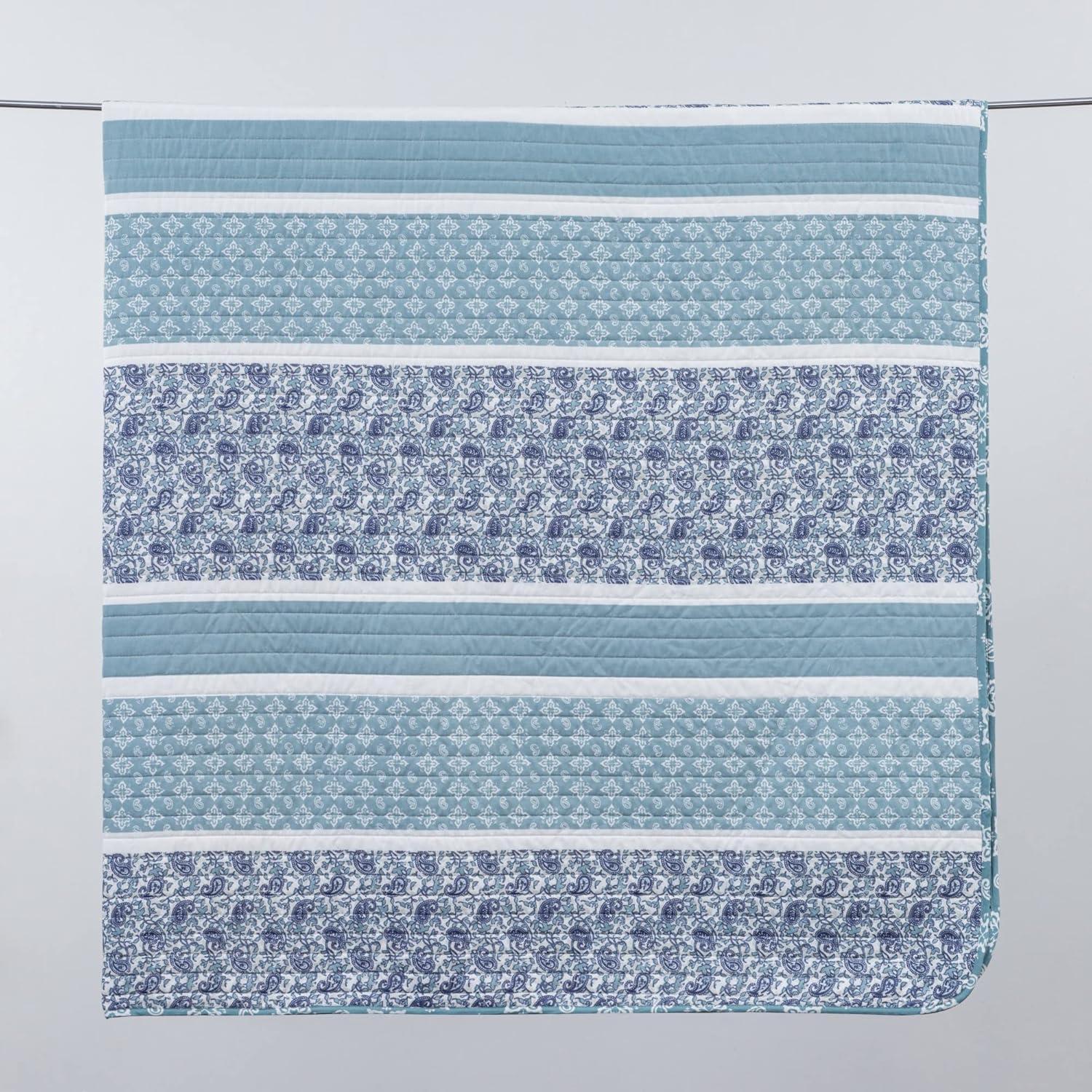 Great Bay Home Stripe Reversible Reversible Quilt Set With Shams  (Twin, Kadi - Blue)