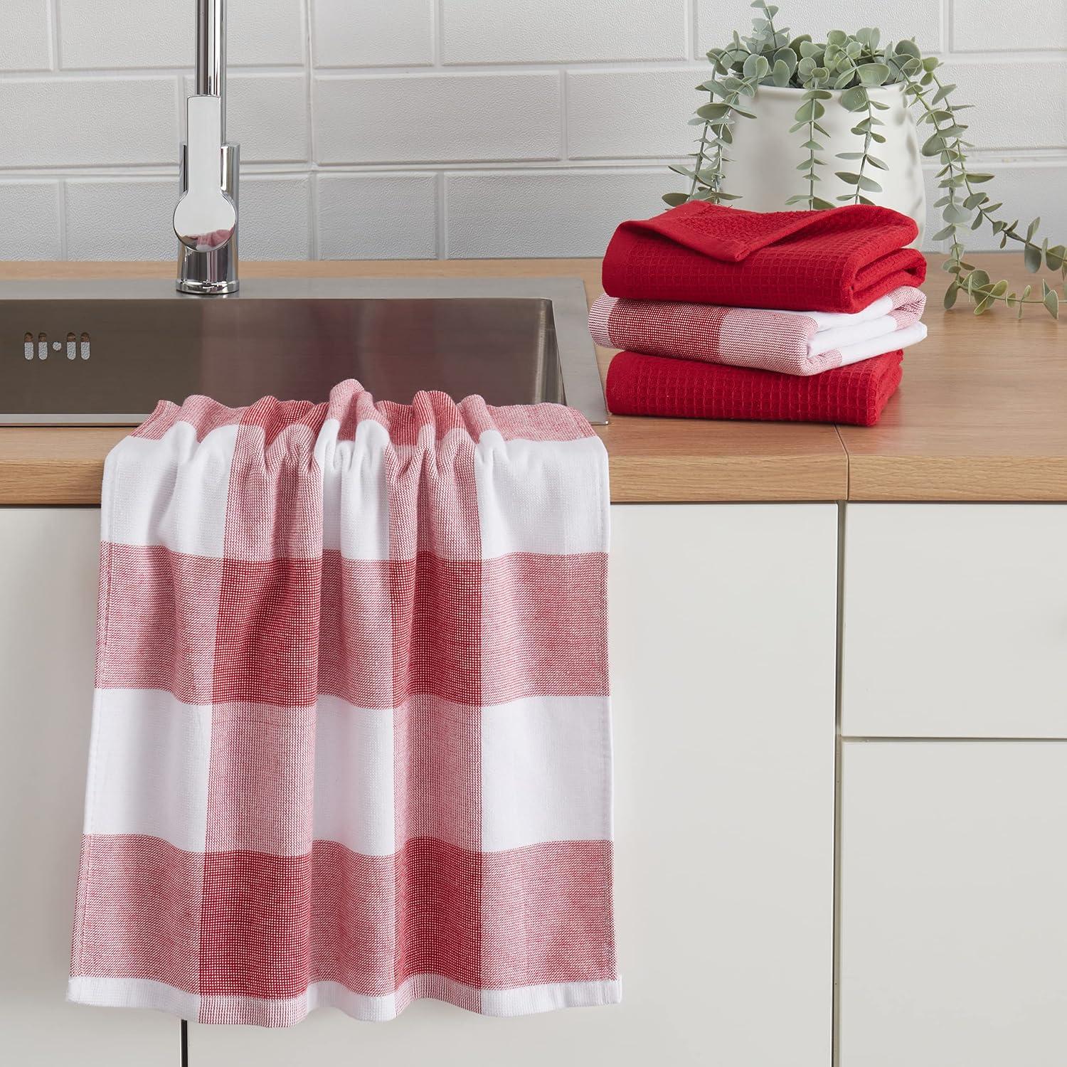 Cannon 4pk Cotton Jackson and Olivia Kitchen Towels Red: Classic Plaid & Solid Dish Towels, Waffle & Terry, Machine Washable