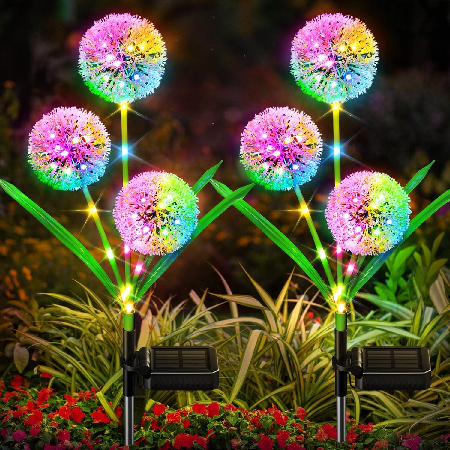 Solar Garden Lights Outdoor, 2 Pack 36 LED Solar Dandelion Lights, Waterproof Colorful Solar Lights for Yard, Lawn, Pathway and Wedding