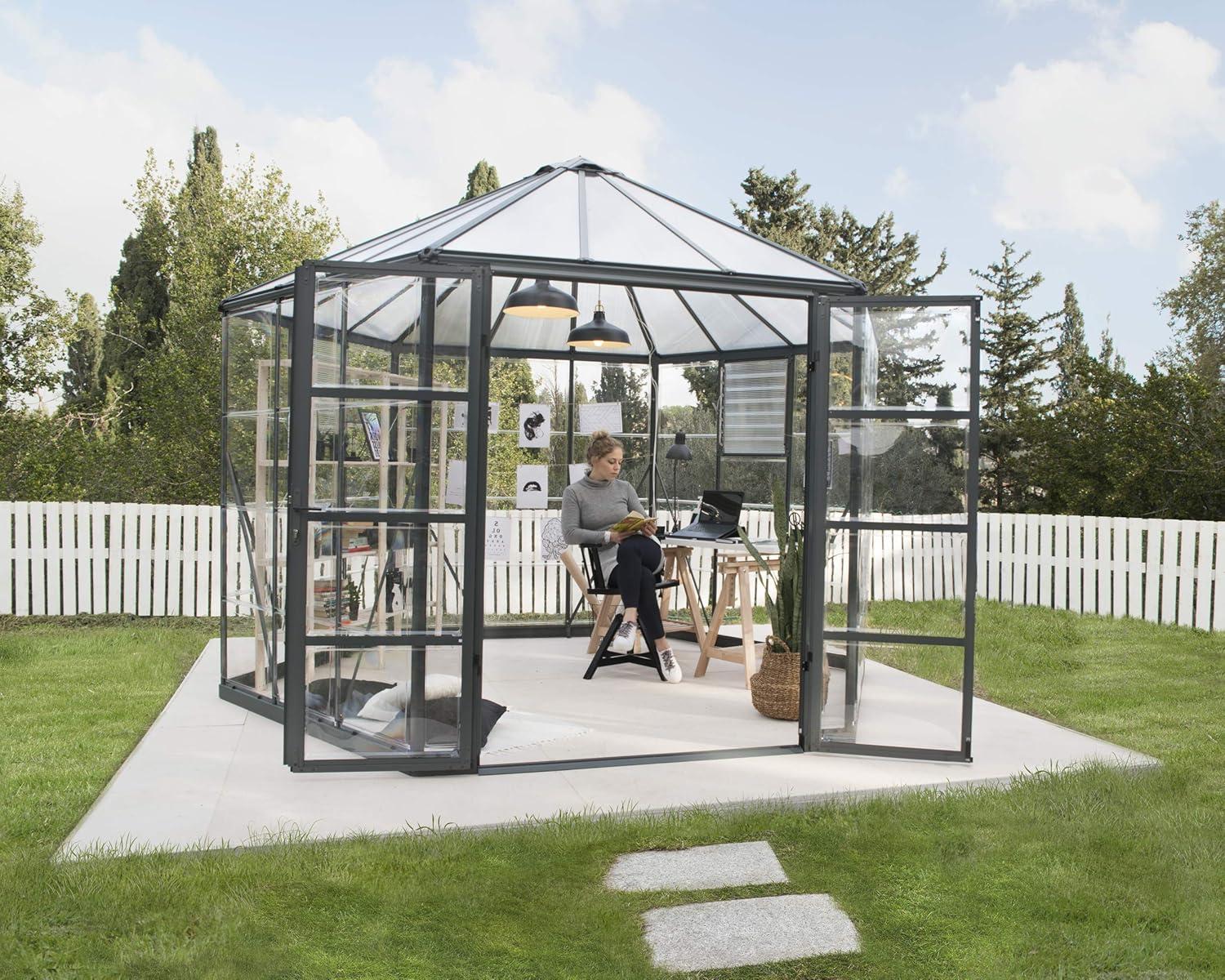 Canopia Palram - Canopia Oasis 12' x 10' Hexagonal Walk-In Hobby Polycarbonate Aluminum Frame Greenhouse Outdoor Living Structure - Gray