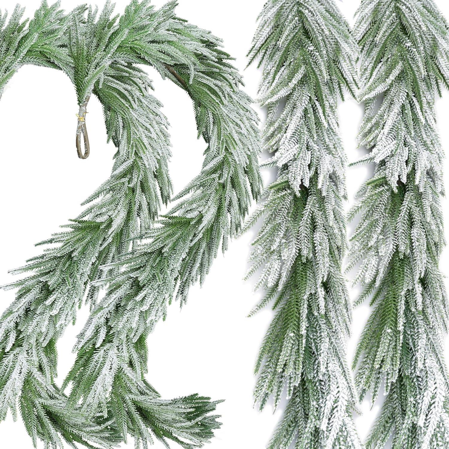 6 ft Green Artificial Pine and Eucalyptus Garland with Snow Flocked Finish