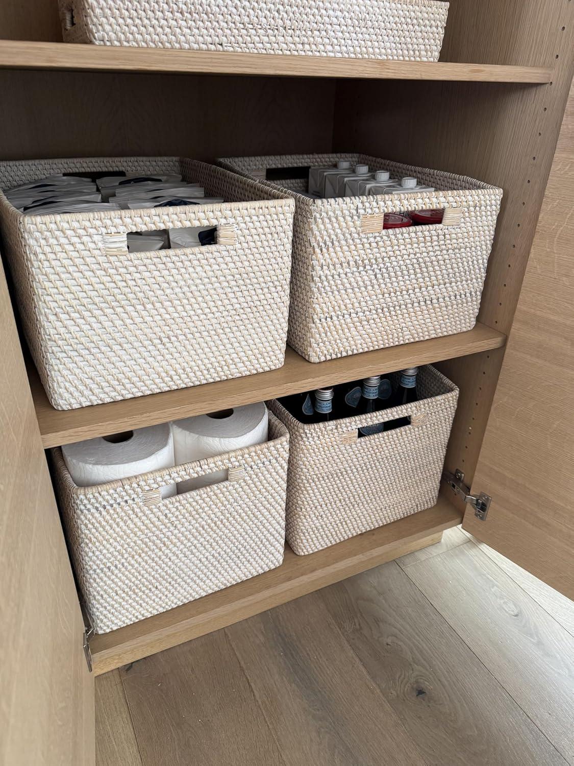 Kouboo Loma Rectangular Decorative Rattan Storage Basket With Handles, Coastal-Inspired Handwoven, Home Organization, Black Antique, Latte