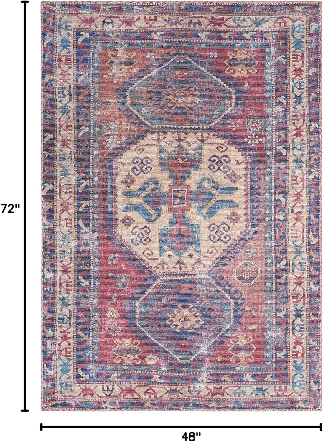 Machine Washable Southwestern Navy/Muted Red/Beige Area Rug