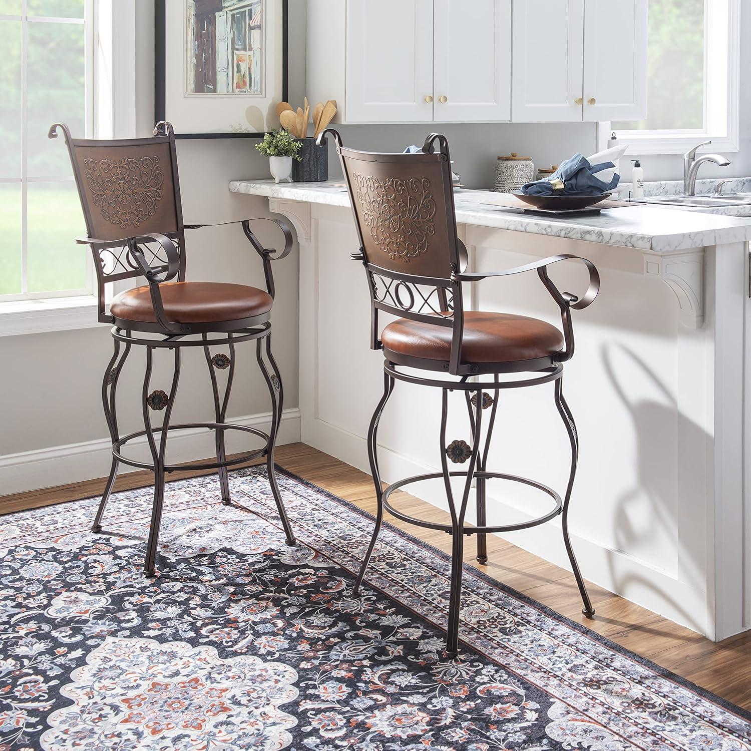 Powell Beatrix Big & Tall 30" High Back Indoor Copper Stamped Round Metal Bar Stool wth Swivel, Bronze/Warm Rust Faux Leather