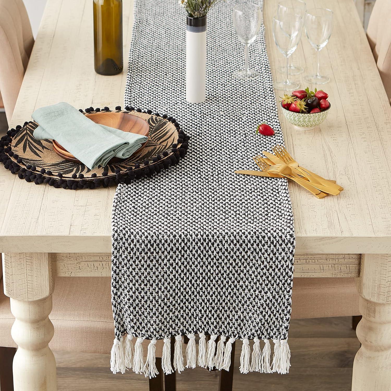 Design Imports  Woven Jacquard Fringe Table Runner, Black, 15X72"