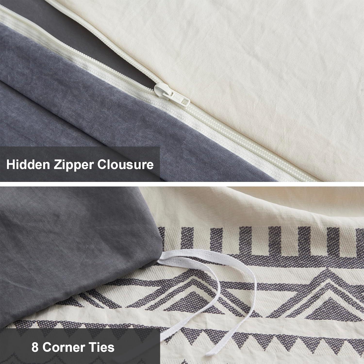 Oli Anderson Boho Duvet Cover Set Queen Size, Beige and Gray Color Clash 3 Pieces Microfiber Bedding Set, Durable and Super Soft Duvet Covers with Zipper and Ties, 90"*90"