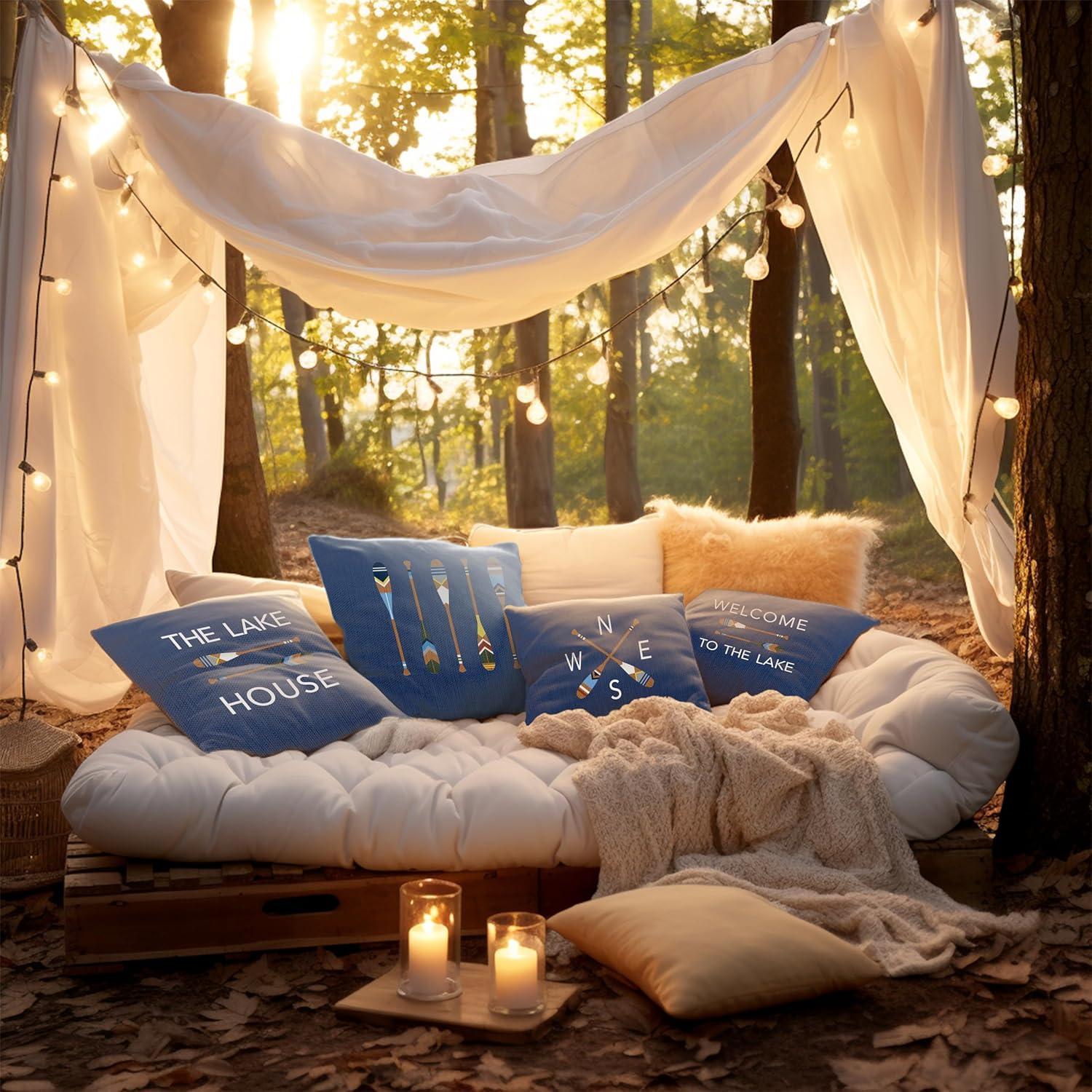 The Lake House Lake Throw Pillow Case, 18 x 18 Inch Set of 4, Lake Paddle Decor, Lake House Rules Decor, Lake House Decor, Lake House Room Decor Pillows Cover for Sofa Couch Bed (Blue)