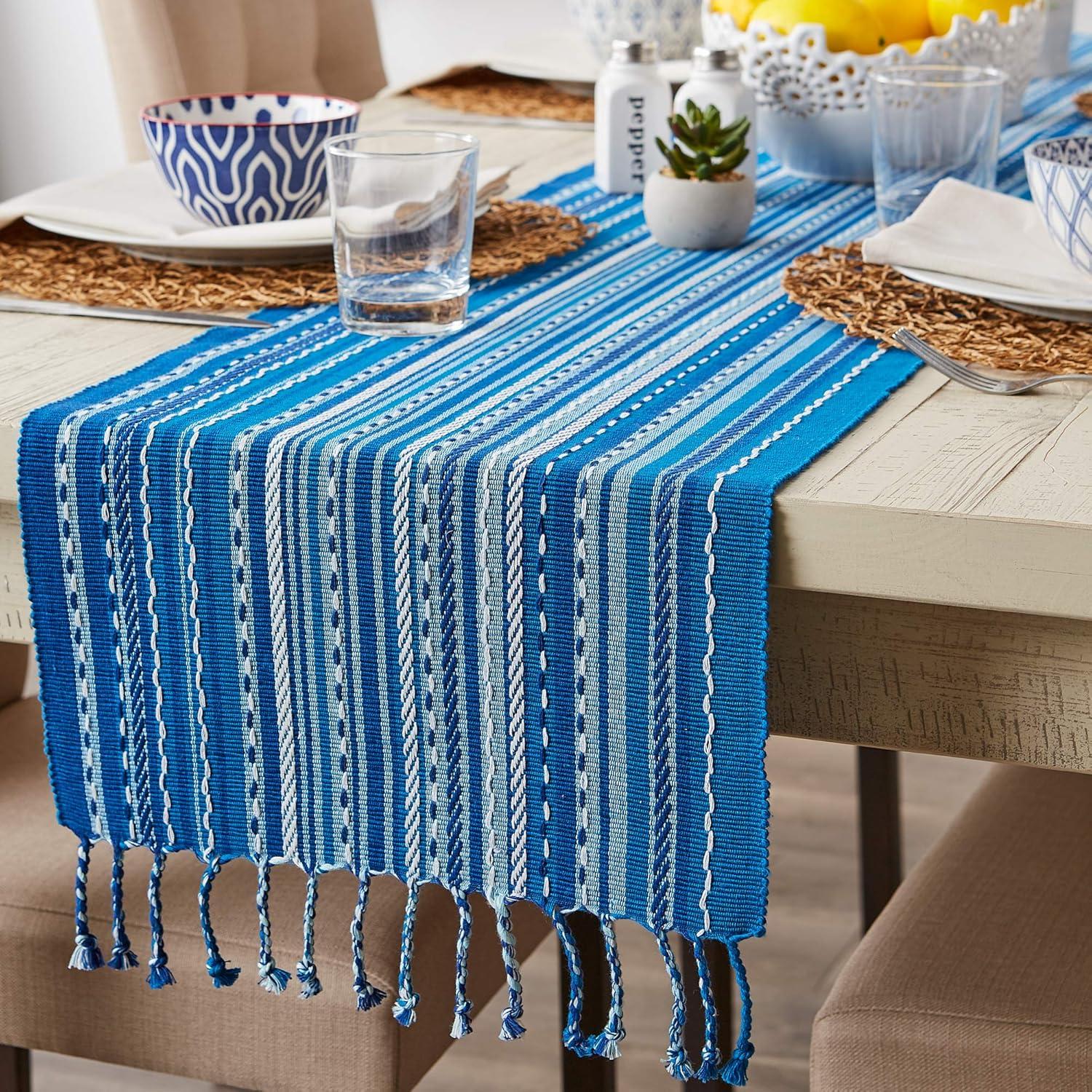 Blue Tonal Stripe With Fringe Table Runner