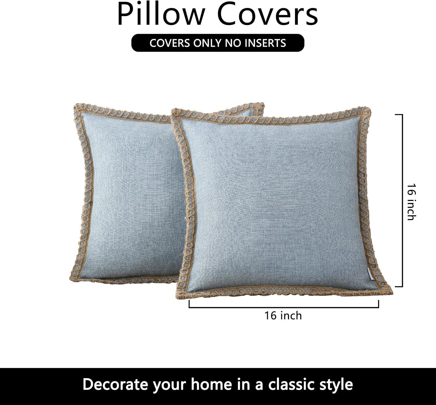 NordECO HOME Set of 2 Farmhouse Throw Pillow Covers - Burlap Linen Trimmed Tailored Edges Decorative Cushion Covers for Bed Home Decoration, 16 x 16, Blue